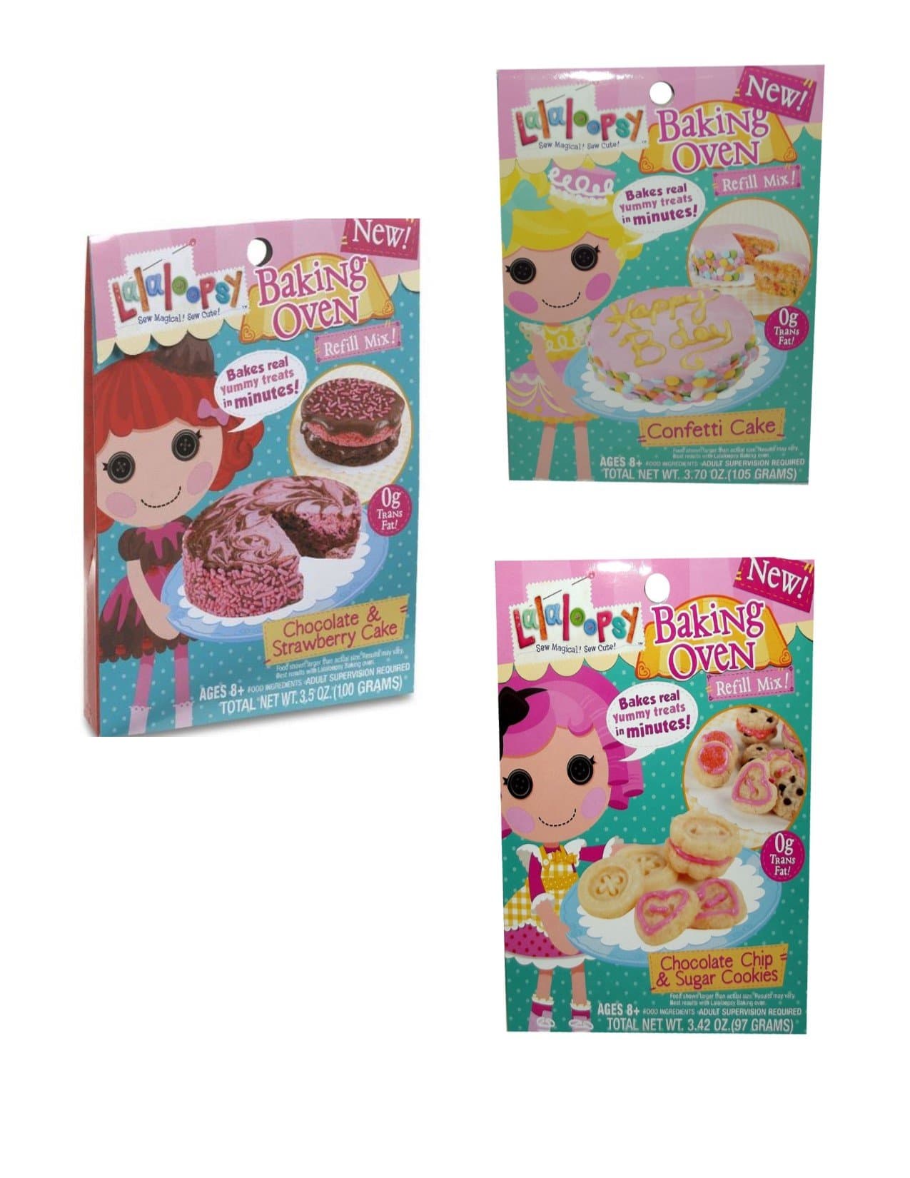 Lalaloopsy Baking Oven Refill Mix Chocolate Strawberry Cake, Chocolate Chip & Sugar Cookie & Confetti Cake Complete Set of 3