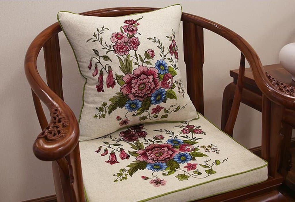 Sofa, Car, Cute, Cloth, Waist Chinese Style High-end Cotton And Linen Embroidery Big Flower Pillow Sofa Cushion Bedside Soft Case Backrest Lumbar Support Pillow Dual use, Multi-purpose, Pillow, Multi-functional ( Size : 45*45cm )