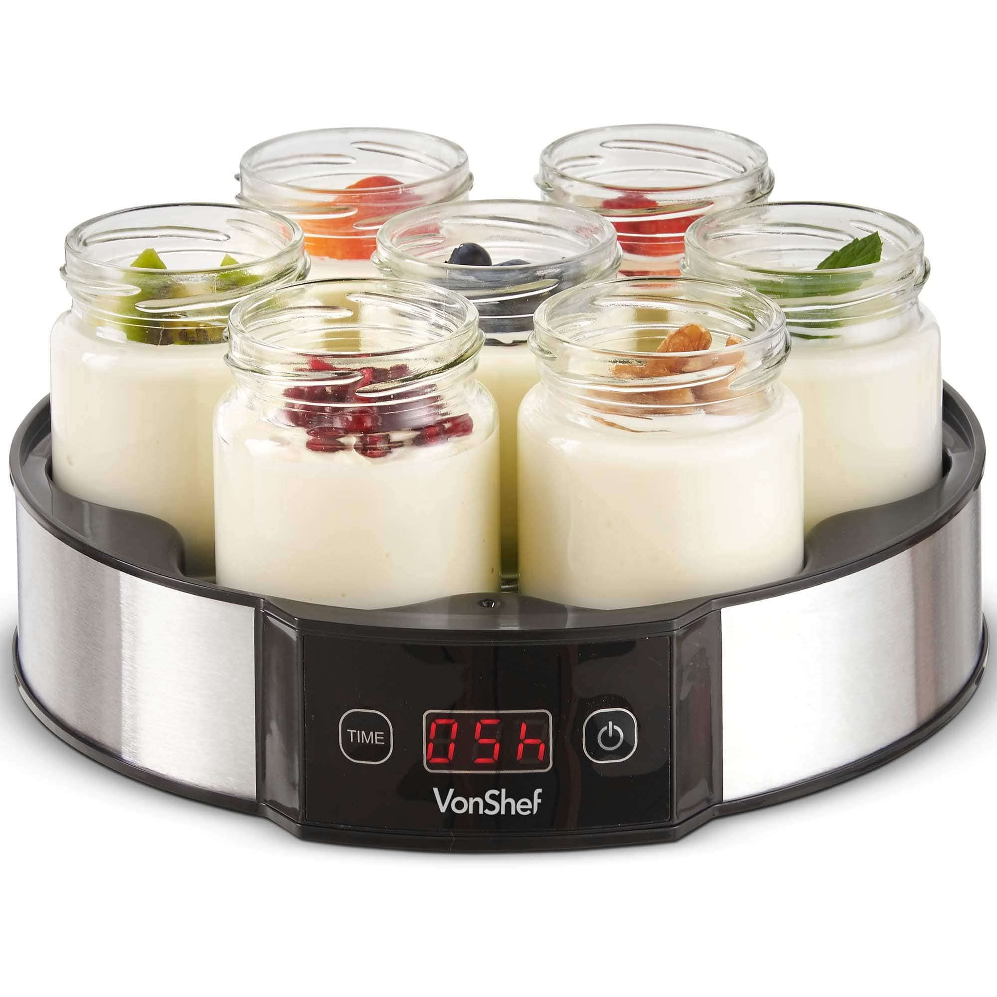 VonShef Digital Yoghurt Maker with 7 Jars - Electric, Compact, Stainless Steel Machine with LED Display & Timer, 180ml Glass Containers/Yoghurt Pots - For Making Fresh, Healthy Homemade Desserts
