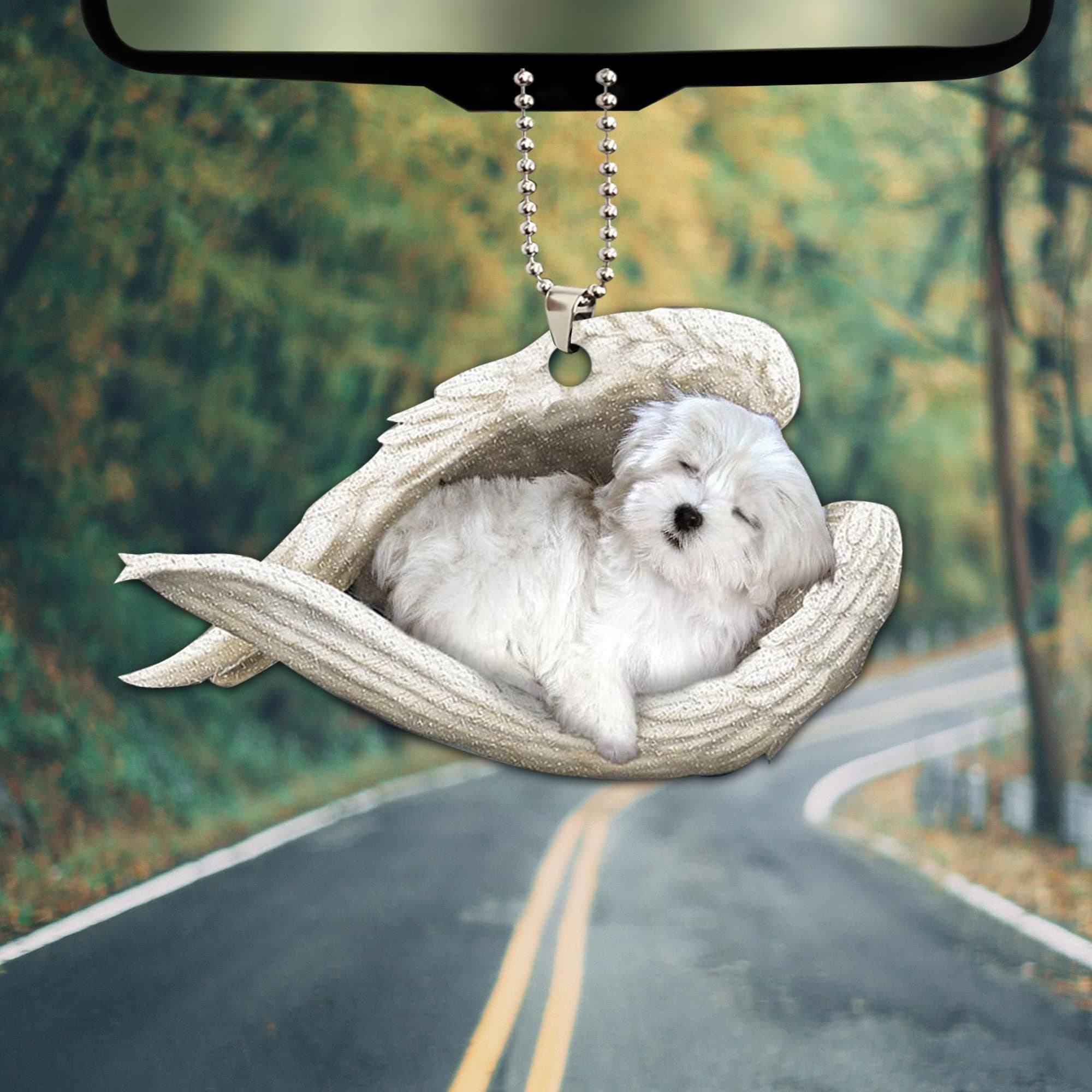 Talataca Maltese Sleeping Angel Memorial White Puppy Dog Animal Pet Cute 2D Flat Car Rear View Mirror Accessories Christmas Tree Ornament Decoration Hanging Charm Interior Rearview Pendant Decor Gift