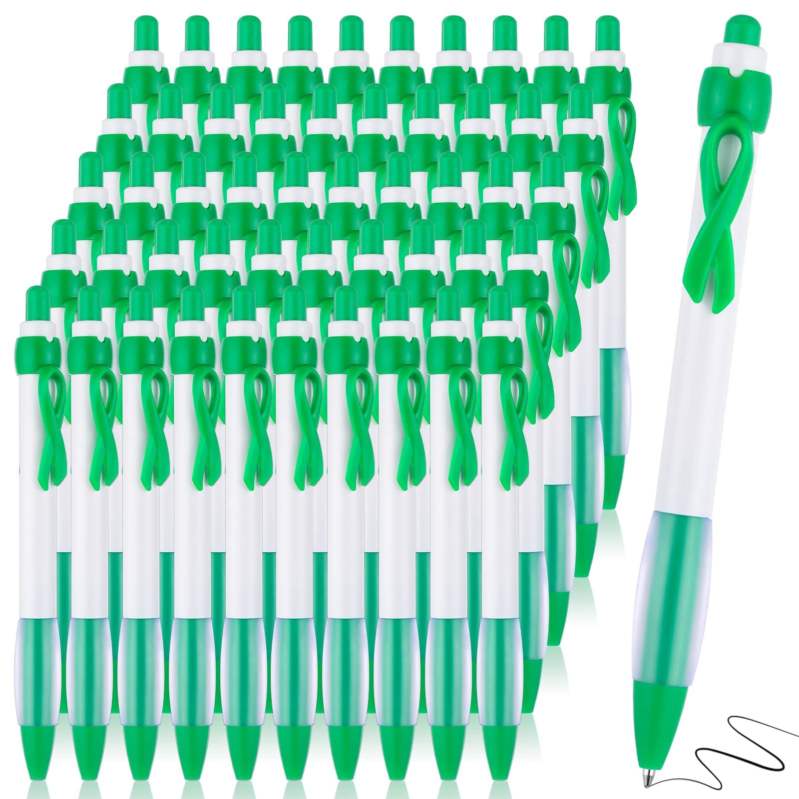 Yexiya 100 Pcs Mental Health Suicide Prevention Awareness Retractable Pen Green Ribbon Liver Cancer Kidney Disease Awareness Ink Ballpoint Bulk Individual Packed Charity Volunteer Activity Supply