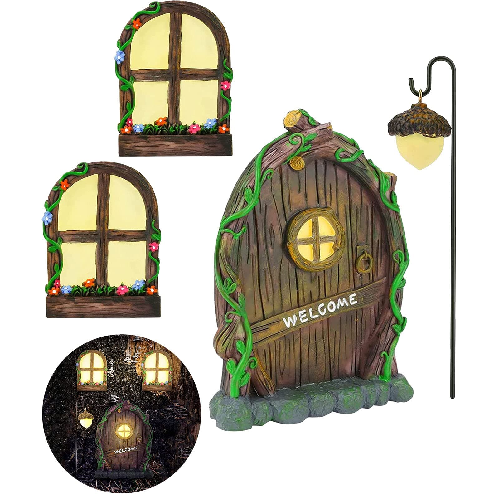 Resin Fairy Door & Window Set with Glow in The Dark Windows, Miniature Sculpture for Trees, Outdoor Decor Accessories