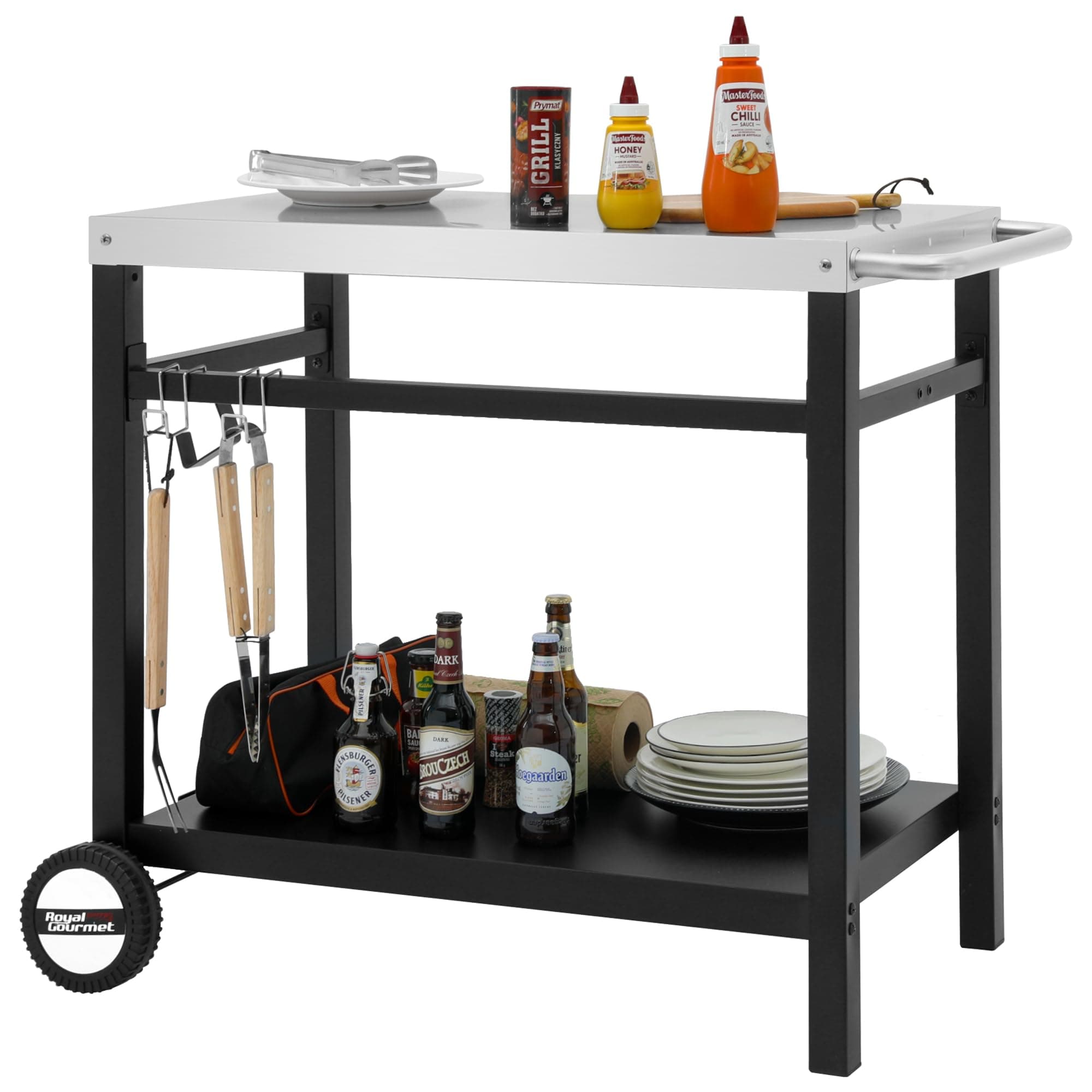 Royal Gourmet Dining Cart Table with Double-Shelf, Movable Stainless Steel Flattop Grill Cart, Hooks, Side Handle, Multifunctional and Commercial PC3401S (Silver)