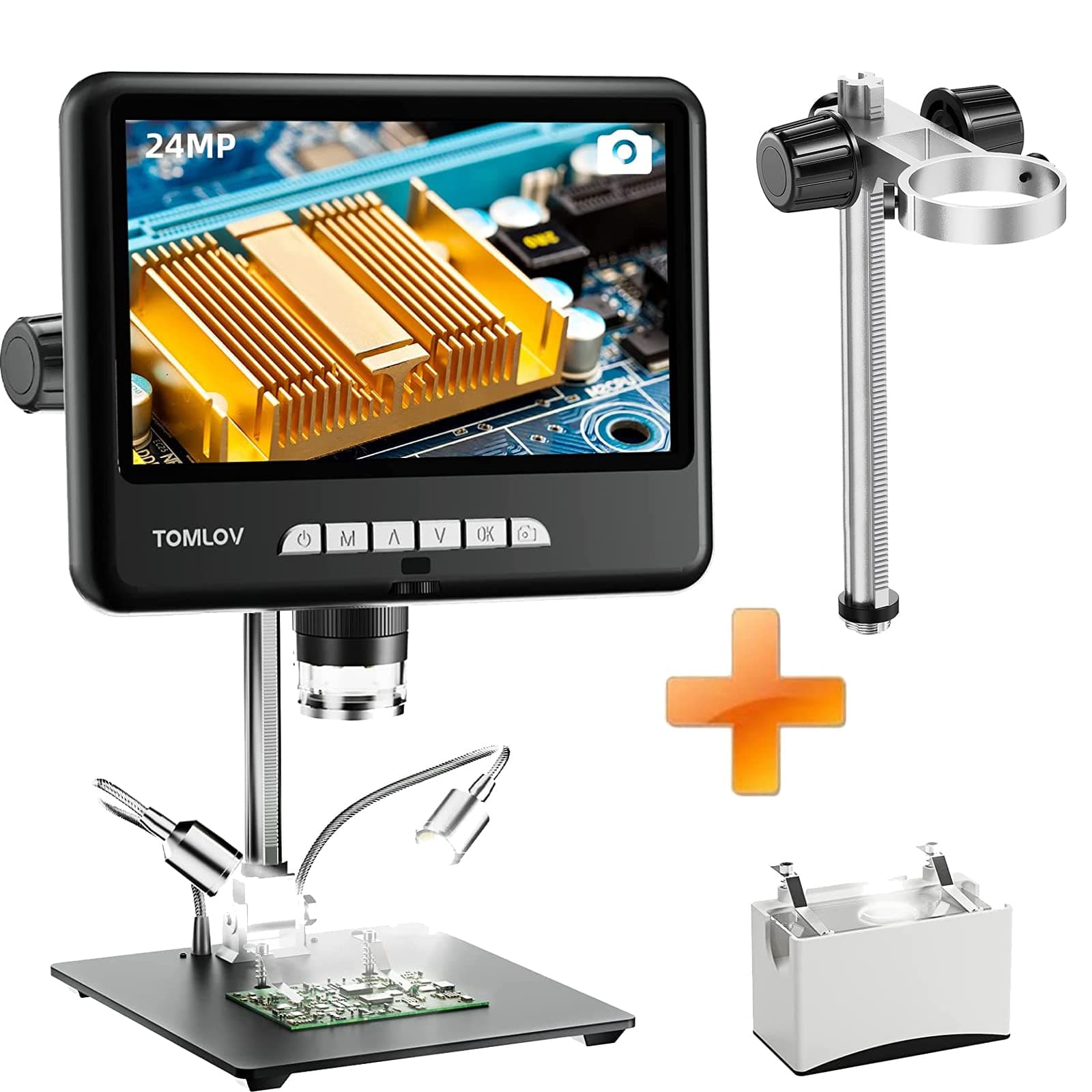 TOMLOV DM402 Pro 2K Digital Microscope 1200x + BR02 Stand 10.1 inch IPS HDMI Microscope with Screen, Buttom Transmitted Light,24MP Digital Soldering Coin Microscope,10" Stand,PC/TV Compatible,32GB