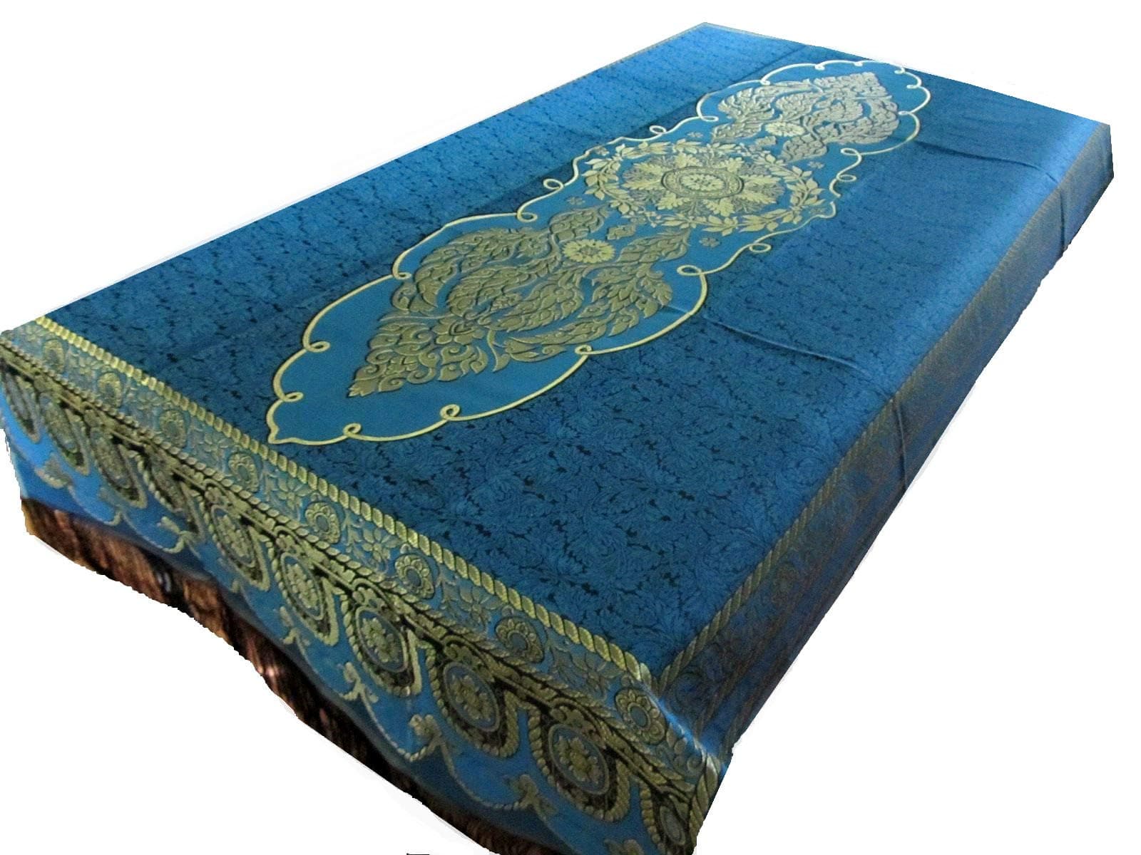 Embroidered Gold Brocade Floral Tablecloth - Thai Persian Table Cover - Wedding Party Dining Room - Rectangle - 80x40 Inches (Aqua Blue)