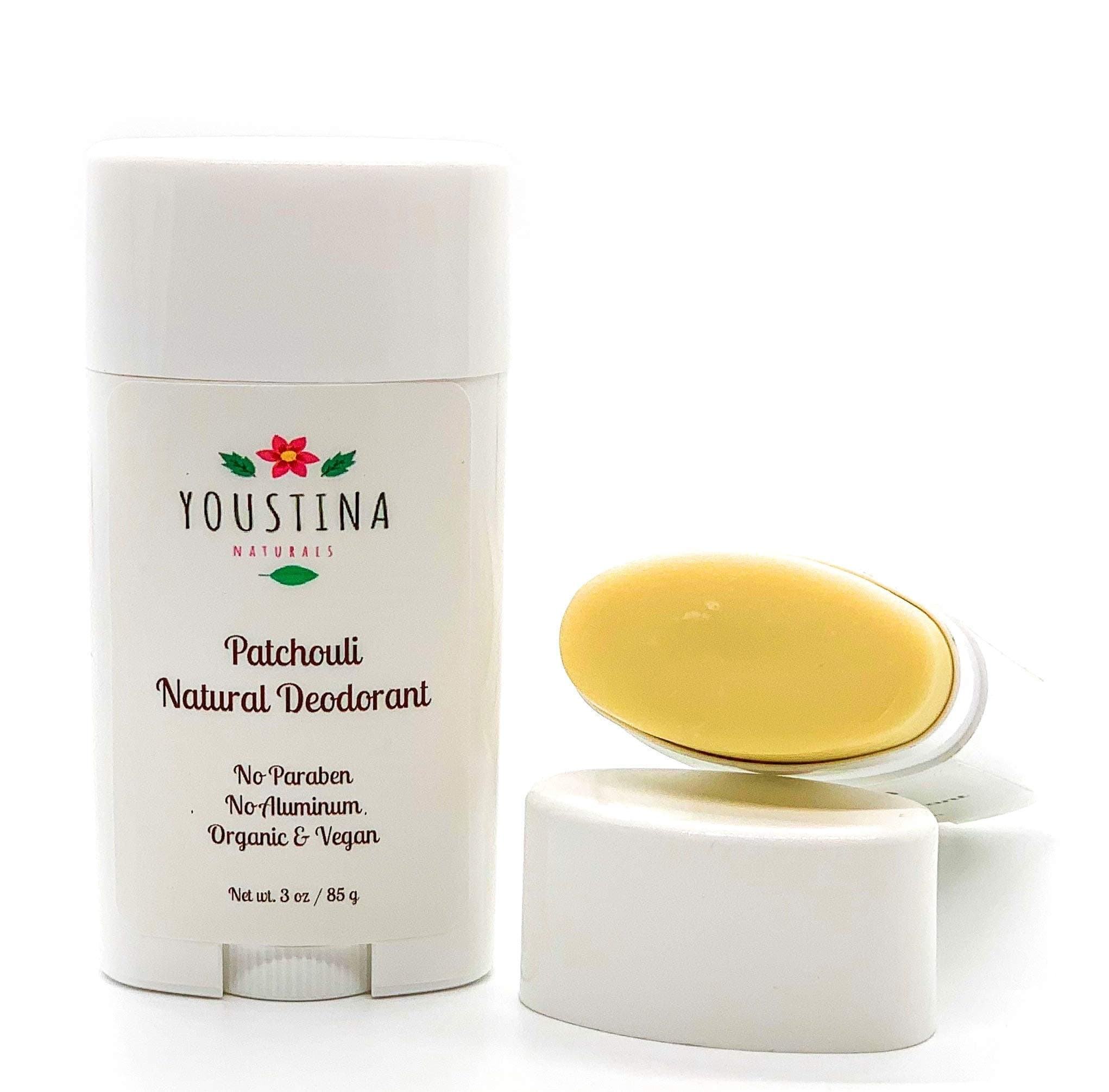 All Natural Handmade Deodorant, Organic, Vegan, Paraben Free and Aluminum free with Patchouli essential oil and Magnesium Hydroxide 3 oz by Youstina Naturals