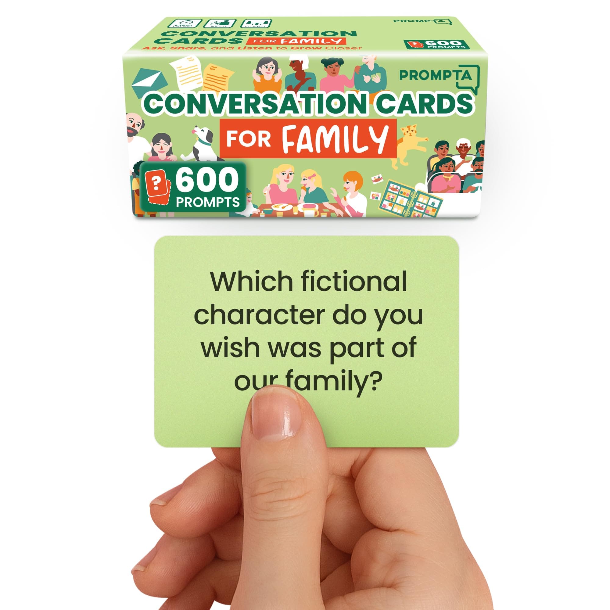 Prompta 600 Conversation Cards for Families – Fun Family Game for Kids and Adults During Game Night, Family Dinner, or Road Trips – Five Get to Know You Question Categories on 2.5" x 1.75" Cards