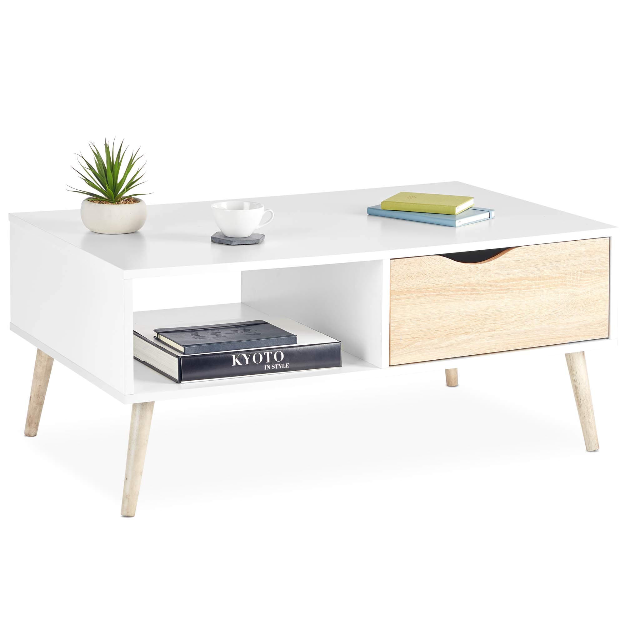 VonHaus White Coffee Table with Storage - Light Oak Effect Tea Table - with Storage Drawer & Open Shelving & Tapered Legs for Living Room & Lounge