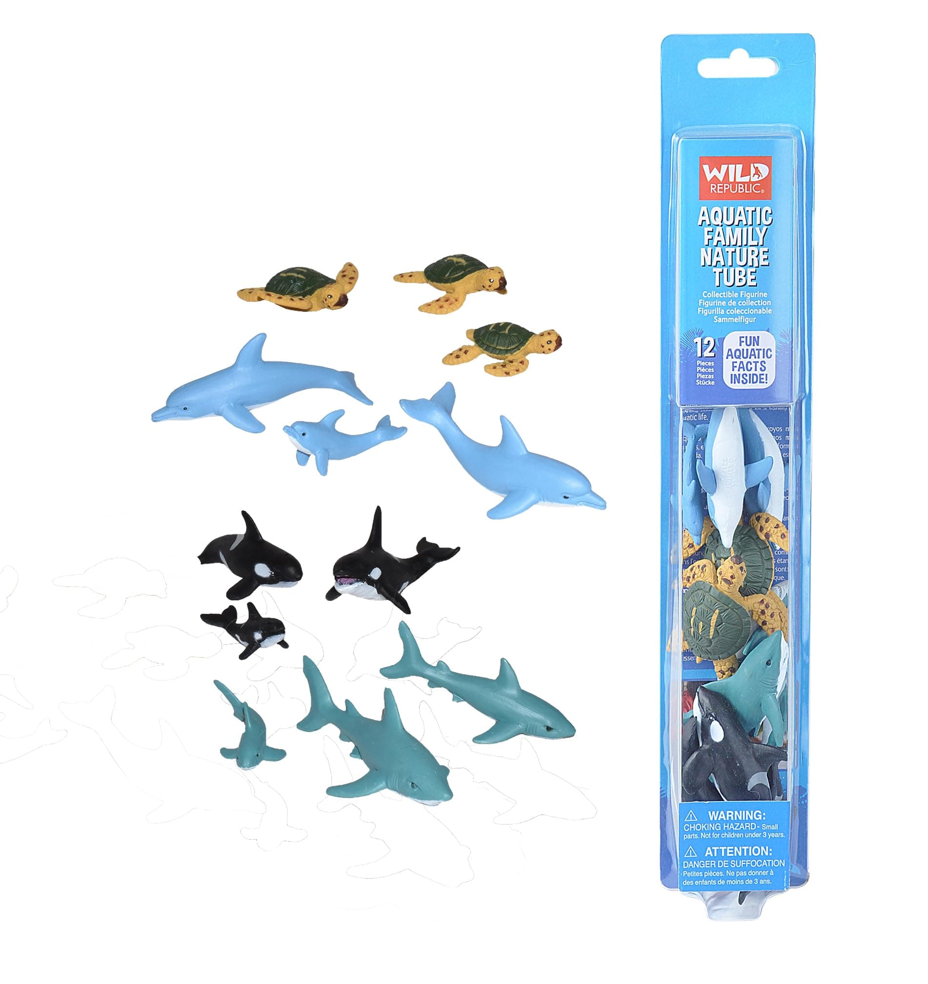 Wild Republic Aquatic Family Animal Figurines Tube, Ocean Toys, Shark, Dolphin, Sea Turtle, Orca, Sea Life Families Collection