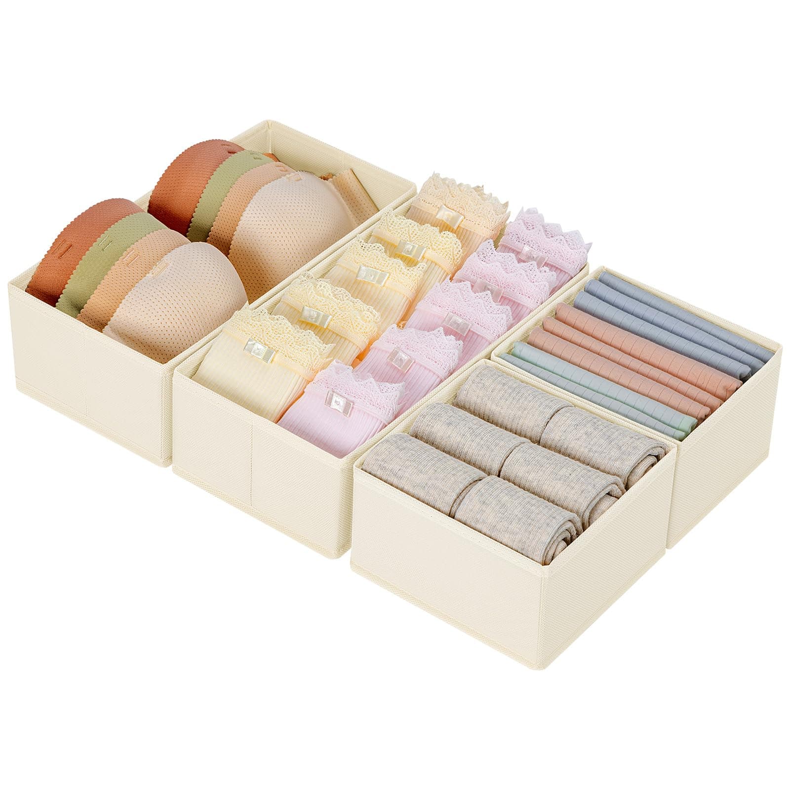 DIMJ Drawer Organizer, Foldable Fabric Storage System, Drawer Inserts for Cupboards, Wardrobe Organiser for Clothes, Beige, Pack of 4