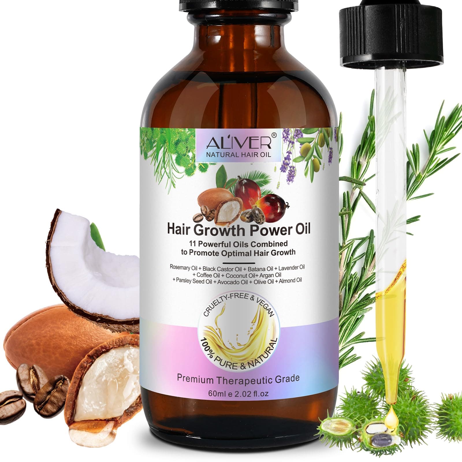 Hair Growth Oil With Rosemary, Batana, Castor, Argan and Coconut - Hair Serum for Preventing Hair Loss and Moisturizing Dry Split Ends - 60ml