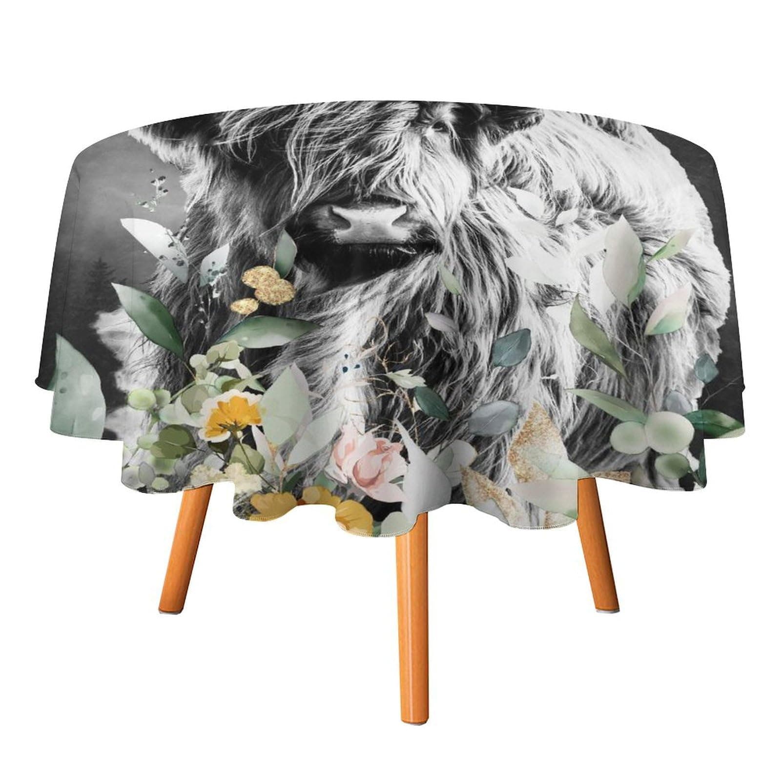 Rustic Highland Cow Table Cloths Round 50Inch Tablecloths,Vintage Farmhouse Misty Forest Sunflower Eucalyptus Tablecloths Washable for Indoor Outdoor Table Cover