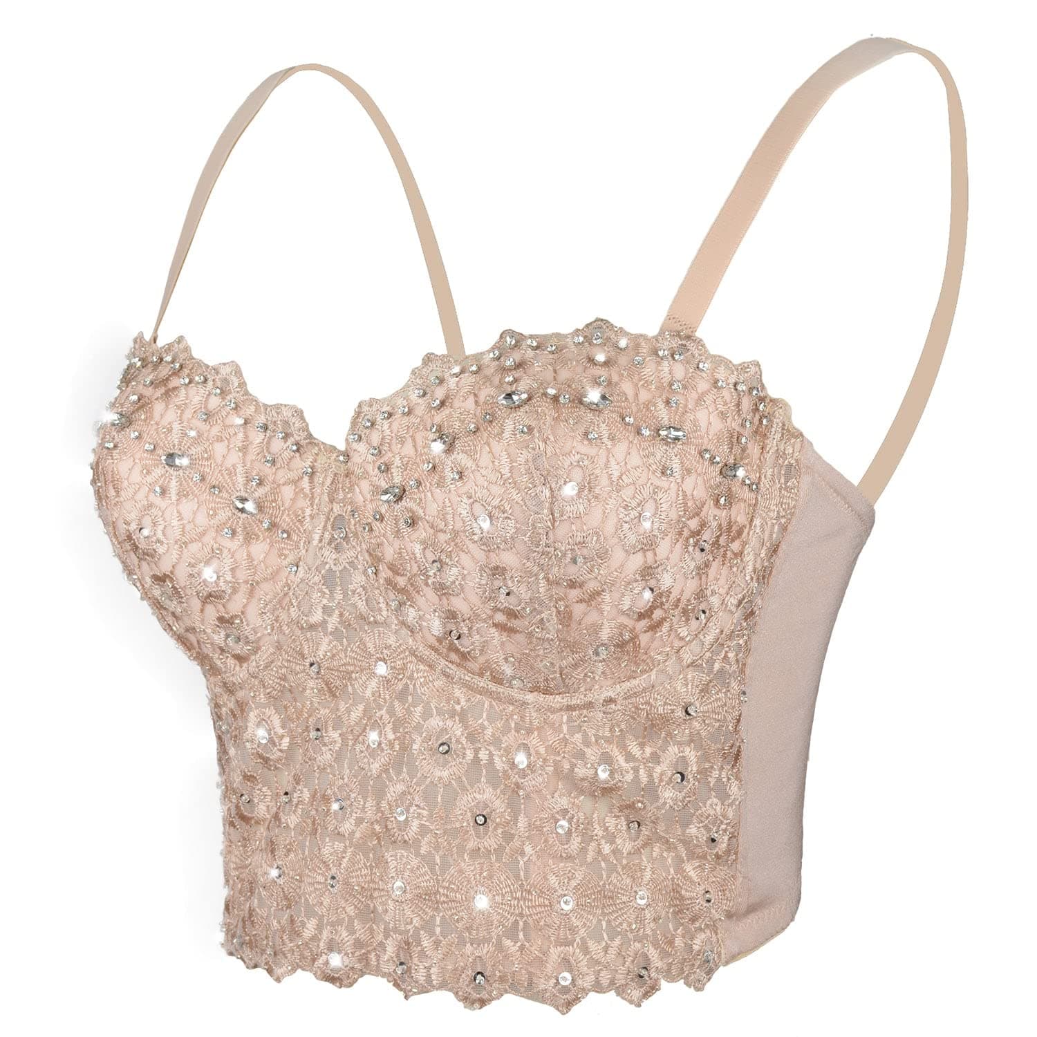 Women's Natural Reigning Lace Rhinestone Bustier Crop Top Sexy Mesh Corset Top Bra