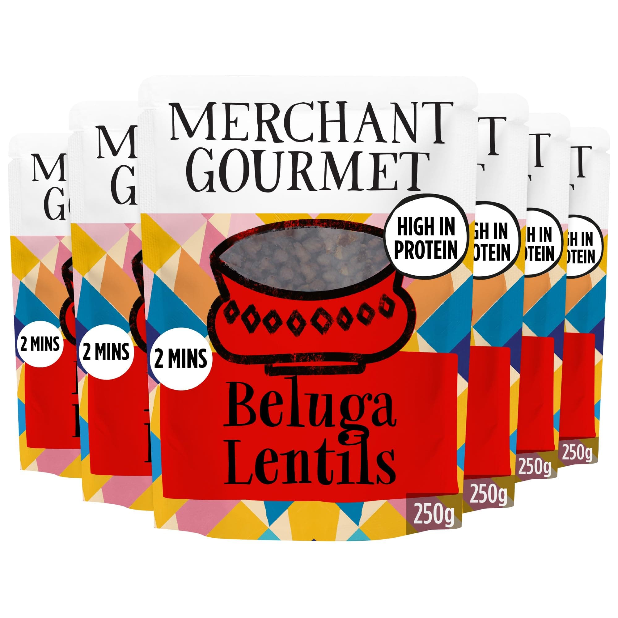 Merchant Gourmet Simply Cooked Beluga Lentils - High in Protein, Low Fat, Source of Fibre & Vegan Black Lentils - Pack of 6 x 250g Ready-to-eat Pouches