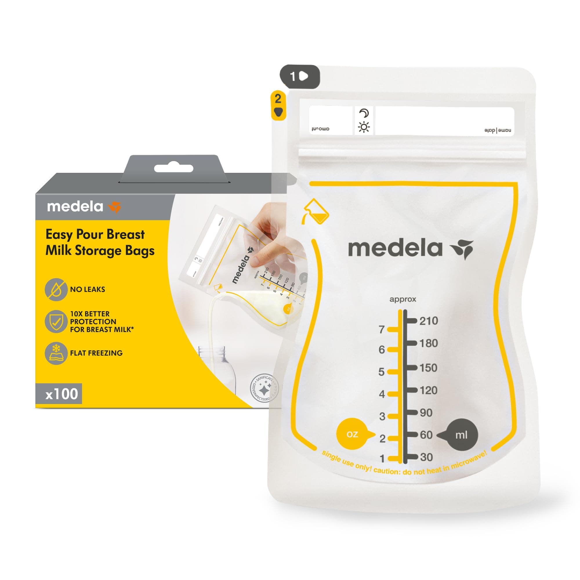 Medela Easy Pour Breast Milk Bags for Easy Pouring, Pack of 100, 210ml Leakproof Disposable Breast Milk Bags with Overflow Protection, Breastfeeding Aid