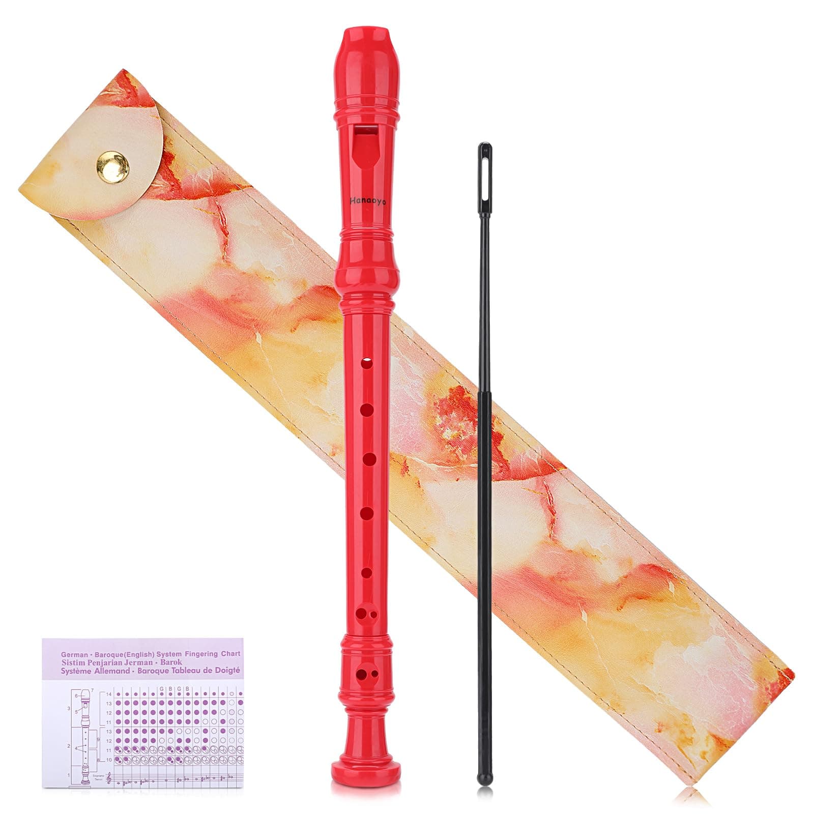 Soprano Recorder Instrument German Style C Key 8 Holes, Recorder Instrument for Beginners School Student with Cleaning Rod, Fingering Chart, Leather Case (Red)