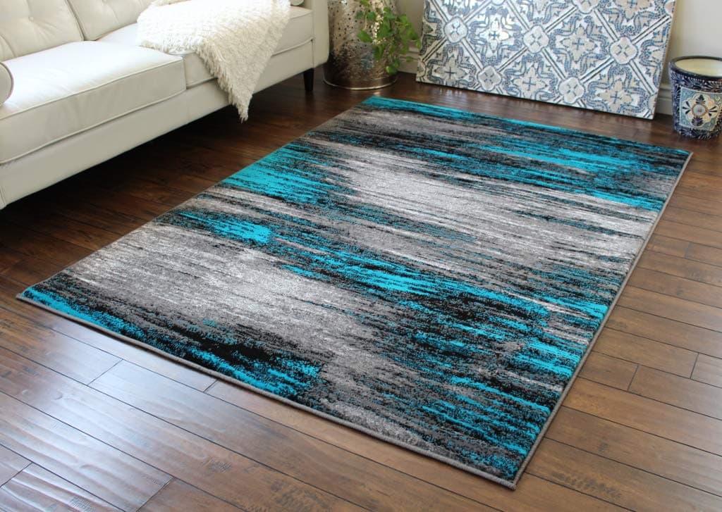 Masada Rugs, Modern Contemporary Area Rug, Turquoise Grey Black (5 Feet X 7 Feet)