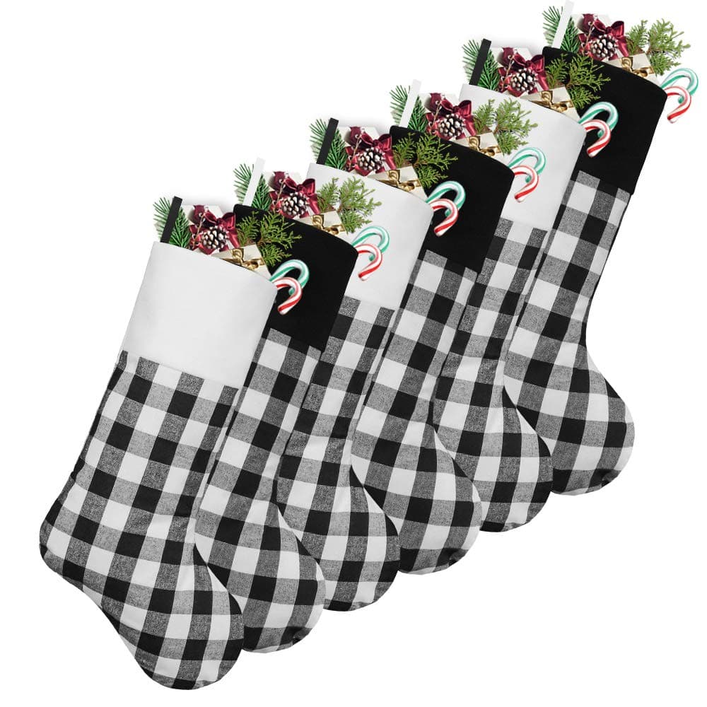 LimBridgeChristmas Stockings, 6 Pack 18 inches Buffalo Plaid with Plush Cuff, Classic Stocking Decorations for Whole Family, Black and White
