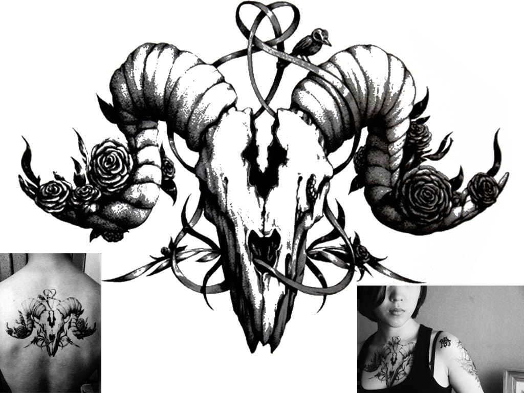 Novu Ink Tattoo Artist Temporary Tattoo hand drawn waterproof transfer 'Ram Skull' design (21cm x 15cm)