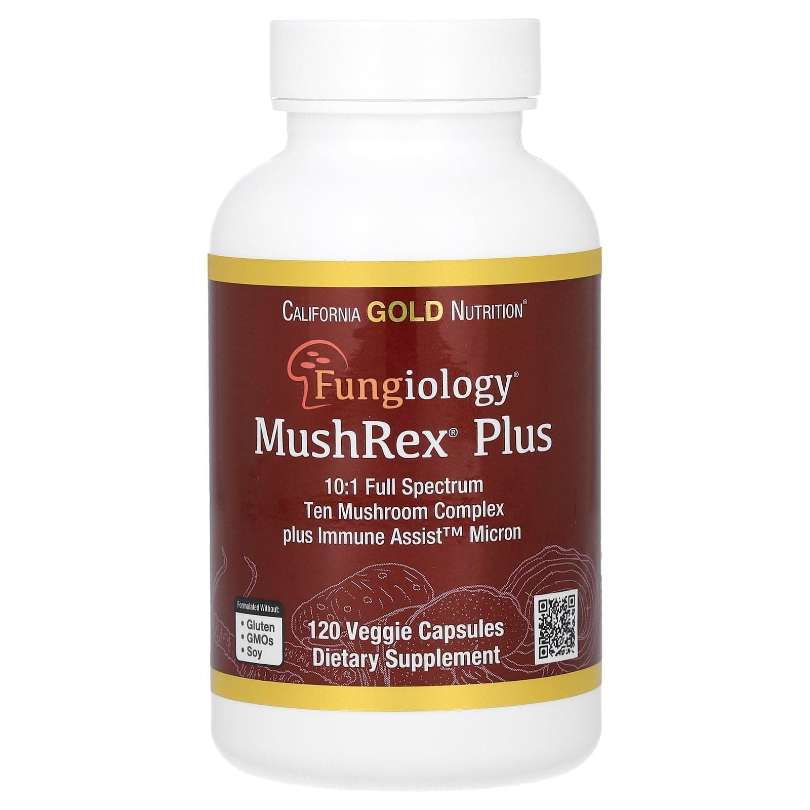 California Gold Nutrition Fungiology, MushRex Plus, Full-Spectrum Ten Mushroom Complex with Agaricus, Chaga, Cordyceps, and Lion's Mane, 120 Plantcaps