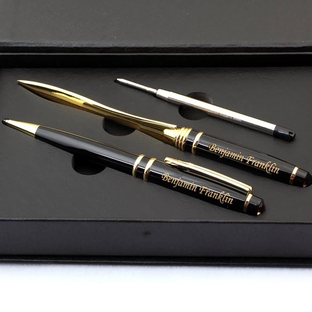 Custom Engraved Executive Pen Gift Set – Personalized Brass Ballpoint Pen with Matching Paper Tool – Elegant Gift Box (Black)