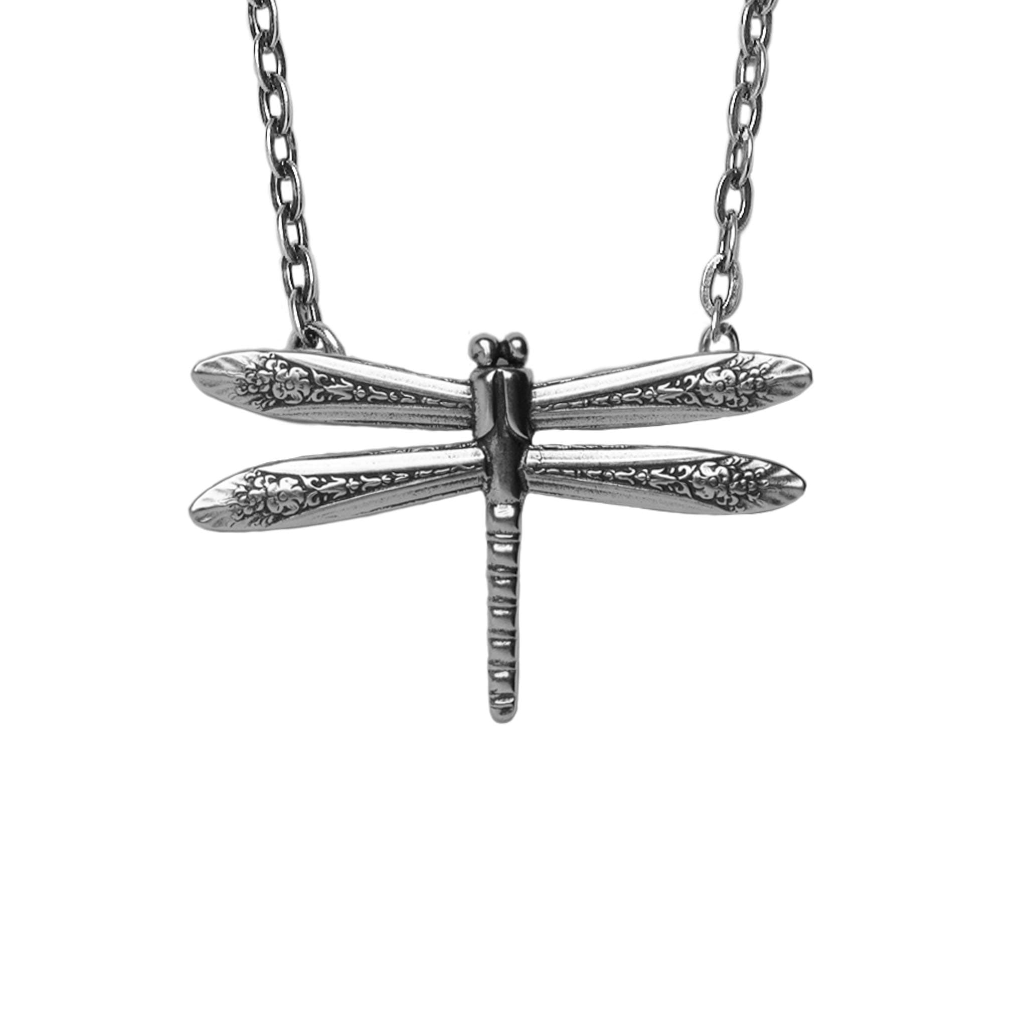 Silver Spoon Jewelry Dragonfly Pendant Necklace for Women, Vintage Antique Style Necklace, Sterling Silver, 30" Chain