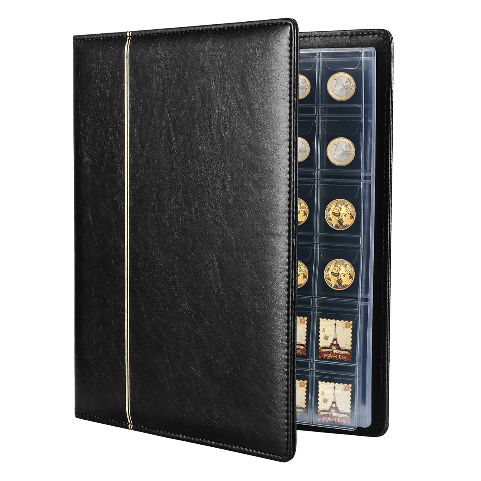 Coin Collection Album 150 Pockets, Leather Cover Coin Collection Holder Book, Coin Storage Album with 24 Pockets Bill Commemorative Money Penny Holders for Collectors, Black