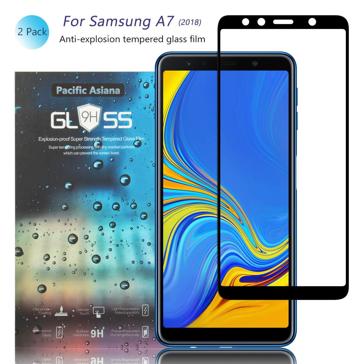 Pacific Asiana Screen Protector Compatible for Samsung Galaxy A7 2018, Ultra Thin HD Clear Ballistic [9H Hardness][Anti-Scratch][Bubble-Free][Case Friendly] Tempered Glass Replacement (2-Pack)