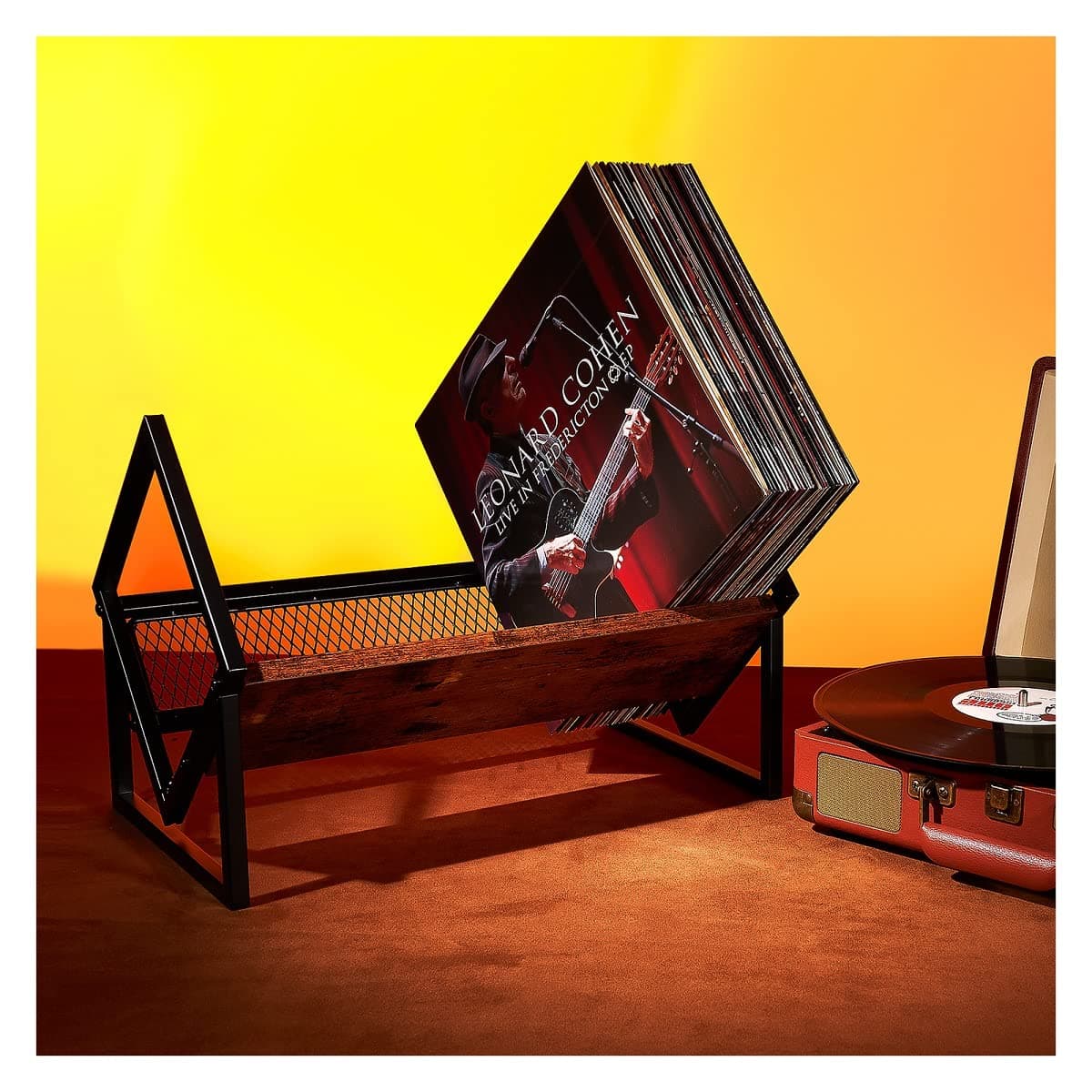 HOYRR Record Holder,Vinyl Record Holder,Vinyl Record Storage,Record Holder of Wood and Iron,Classic Design Record Holder can Hold 90-100 Vinyl Storage,Easy Access Record Holder.Black