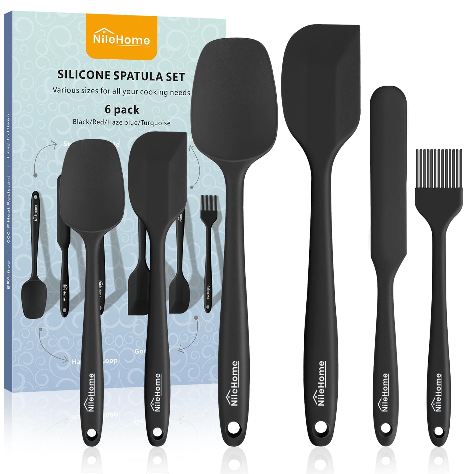 NileHome Silicone Spatula Set, 6 Pieces Food Grade Kitchen Utensils with Silicone Brush Heat Resistant BPA-free Rubber Spatula for Scraping, Baking, Cooking, Mixing