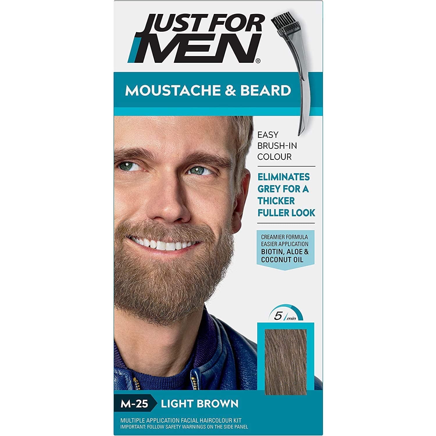 Just for men Moustache & Beard Dye, Men's Facial Hair Colour, M25 – Light Brown, 1 Count (Pack of 1)
