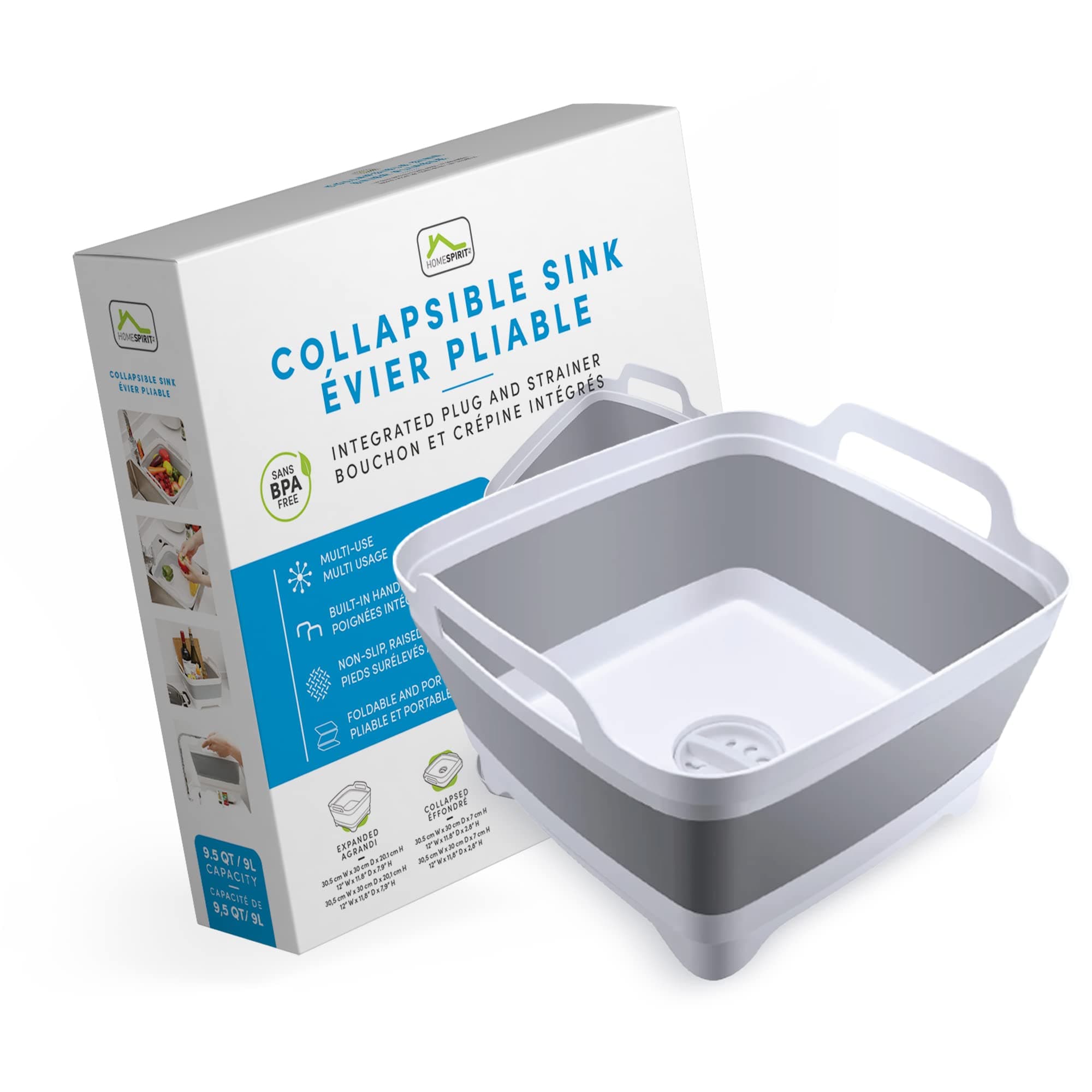 Home Spirit Collapsible Sink – 9L Portable Wash Basin Tub with Handle, Plug & Strainer – For Dishes, Fruits, Veggies, Laundry & Beverages