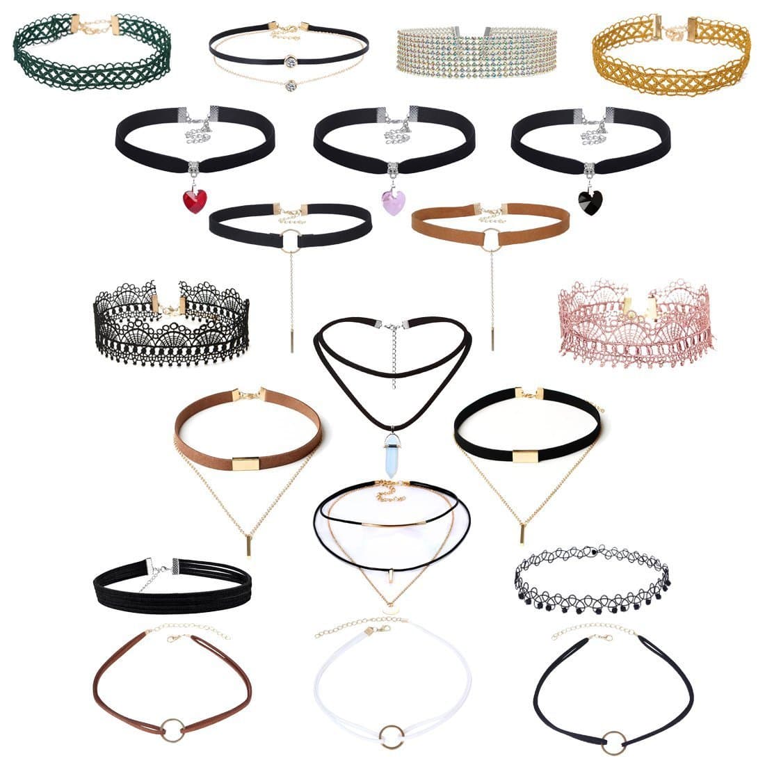 Tpocean Black Leather Double Layered Choker Necklace with Rhinestone Crystal Heart Pendant Gold Chain Velvet Lace Neck Collar Choker Necklace for Girls Women 20 PCS