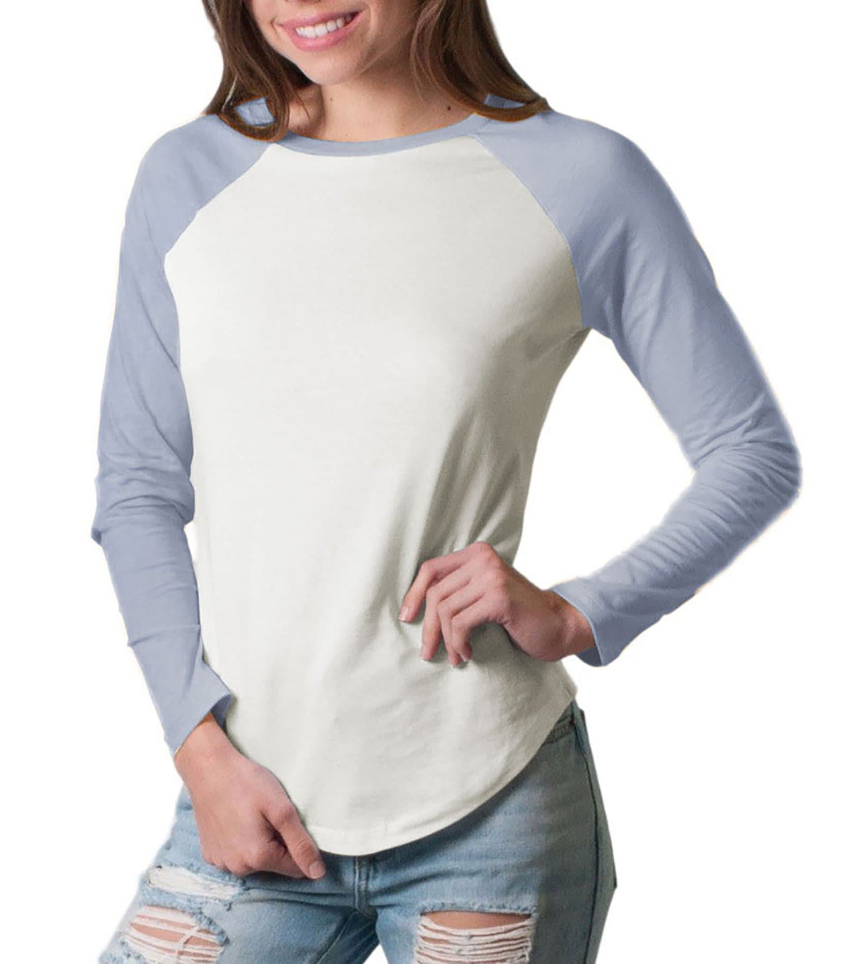 Friday Chic Women's Raglan Long Sleeve Baseball Shirt (X-Large, Pale Blue/Ivory)