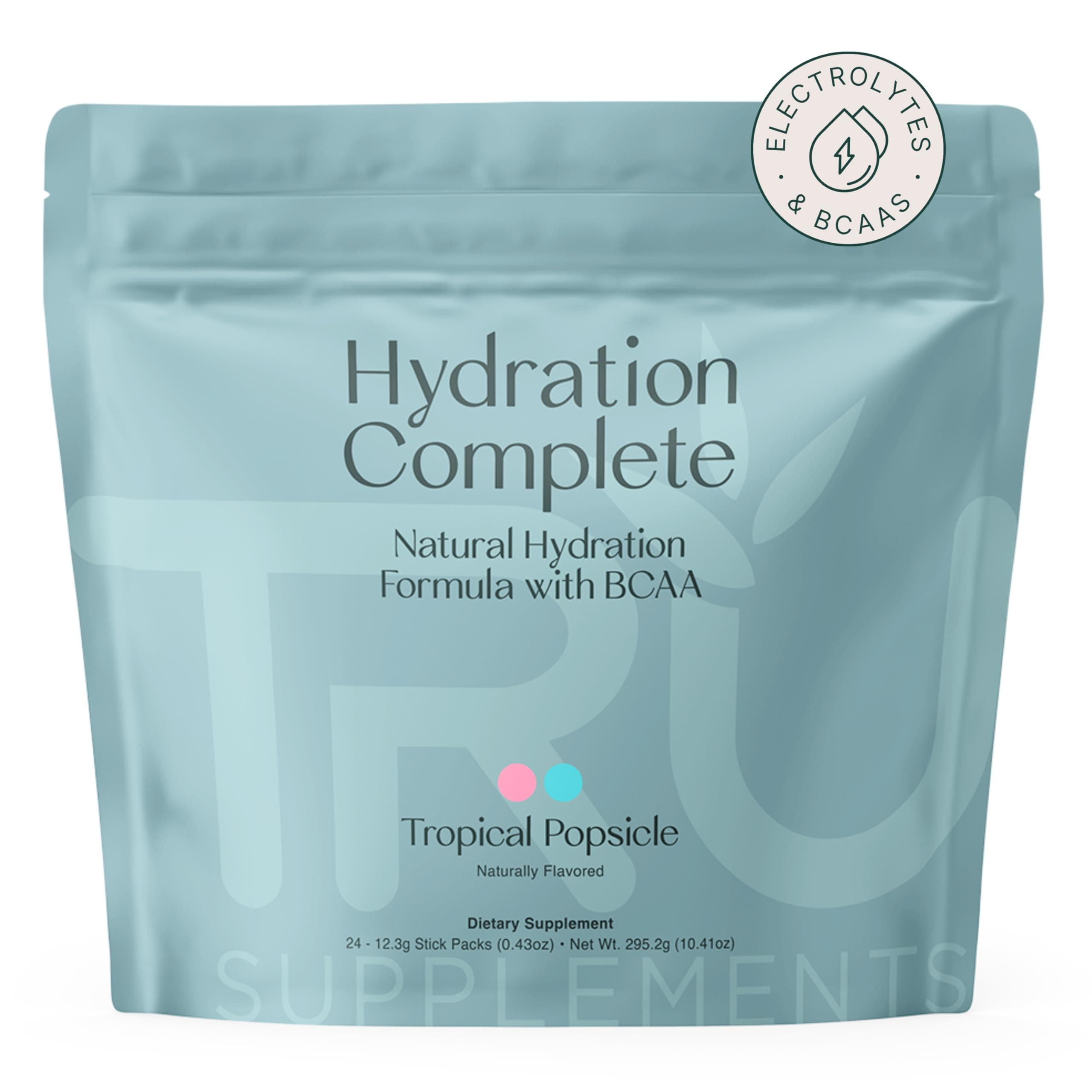- TRU Supplements Hydration Complete BCAA, Plant Based Amino Acids + Pink Himalayan Salt, Electrolytes & L-Carnitine, Vegan, Zero Calories, No Artificial sweeteners, 24 Servings, Tropical Popsicle