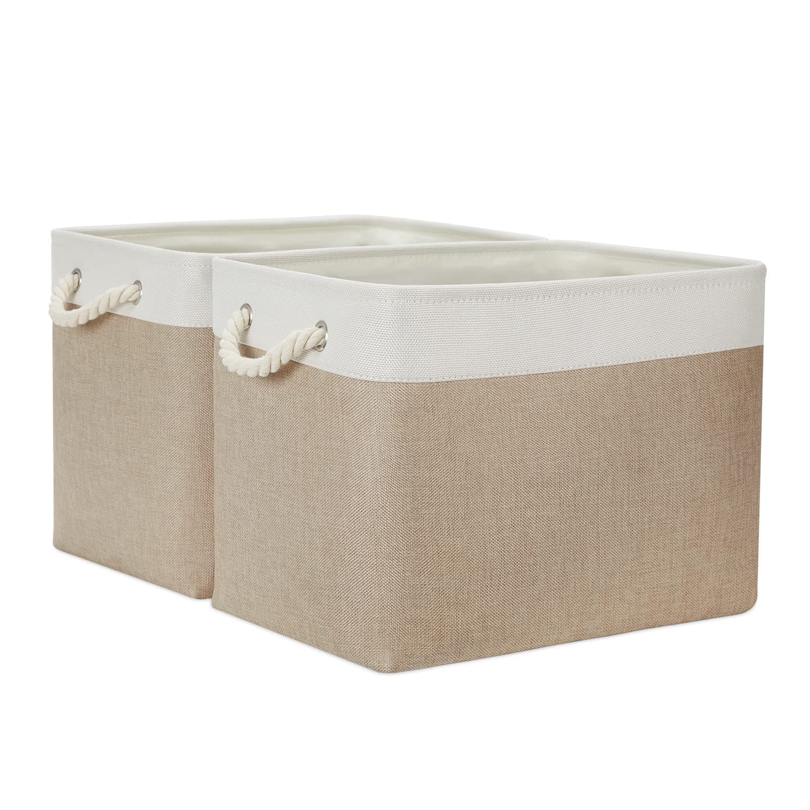 Temary Fabric Storage Baskets 2 Pack Decorative Storage Bins Basket for Gifts Empty Shelf Baskets with Handles for Organizing Home Closet, Towels (White&Khaki,16Lx12Wx12H Inches)
