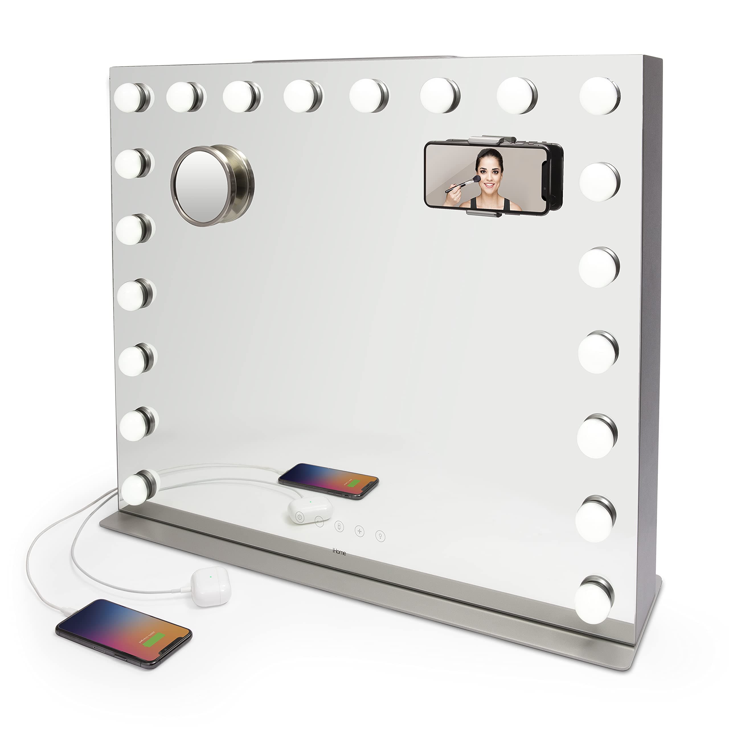 iHomeHollywood Studio Pro Luxury Oversized Vanity Stereo Speaker Systems with Bluetooth, Dual USB Charging and Removable 10x Detail Mirror