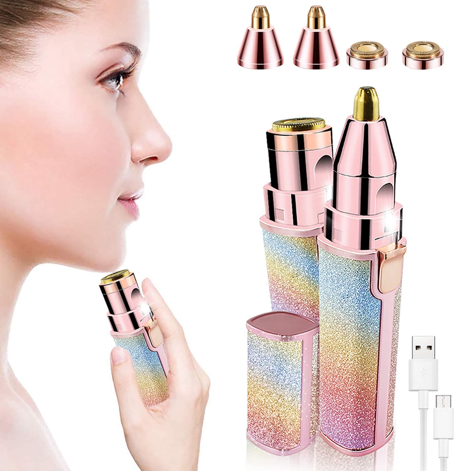 2 in 1 Eyebrow Trimmer & Facial Hair Remover for Women, Rechargeable Eyebrow Razor and Painless Hair Removal, Hair Trimmer and Body Shaver for Lips Nose Face with Two Replacement Heads & LED Light