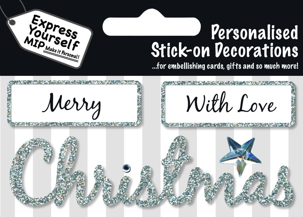 Express Yourself MIP, self adhesive, Silver Merry/With Love/Christmas Caption Topper - Ideal for Card Making, Scrapbooking, Papercrafts, Childrens Crafts, Gift Wrapping etc