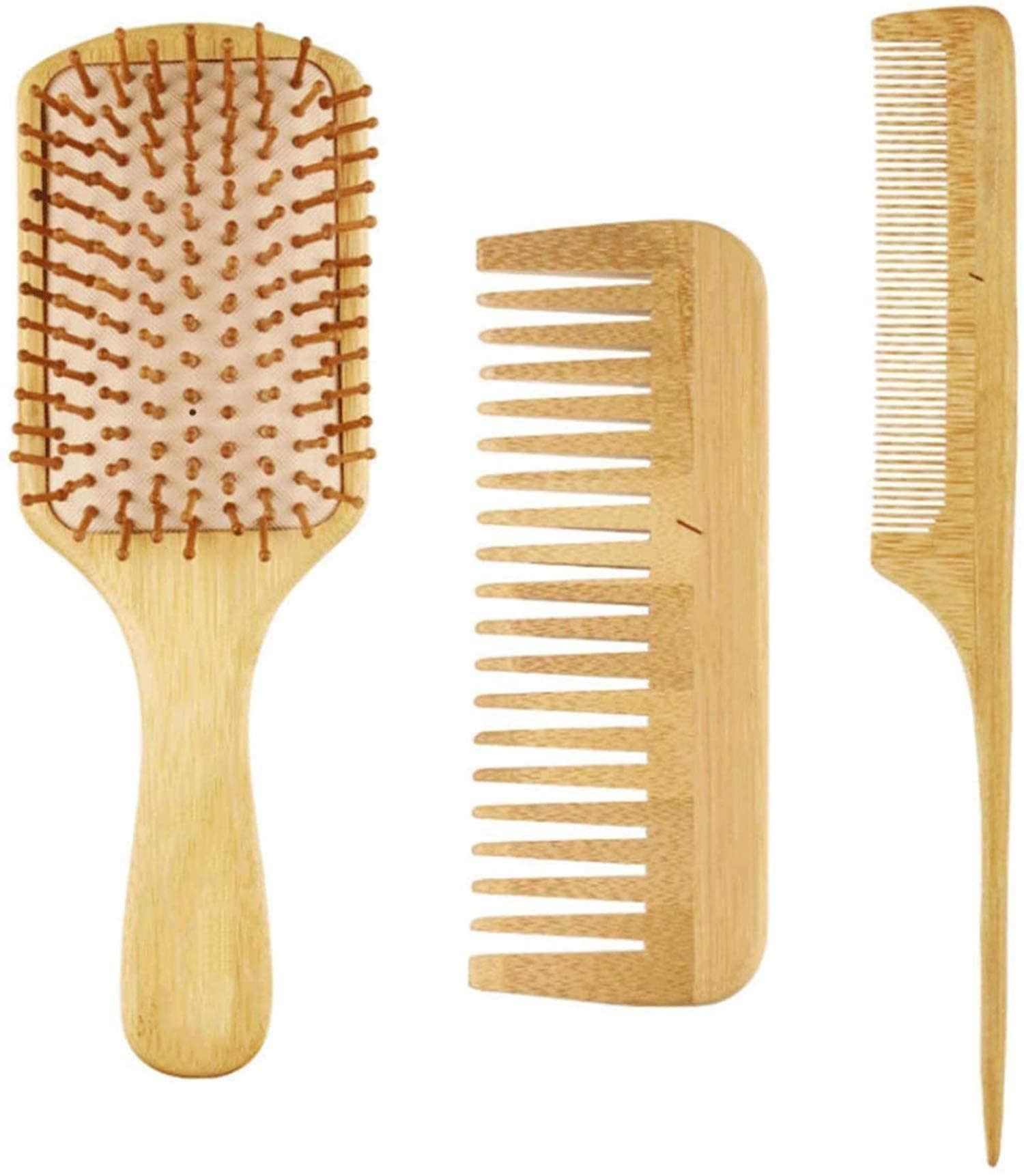 ELECDON Bamboo Comb Set, Natural Bamboo Comb Set Wooden Massage Hair Brush with Wide Tooth Comb and Grooming Comb for Women Men and Kids, Reduce Frizz and Massage Scalp