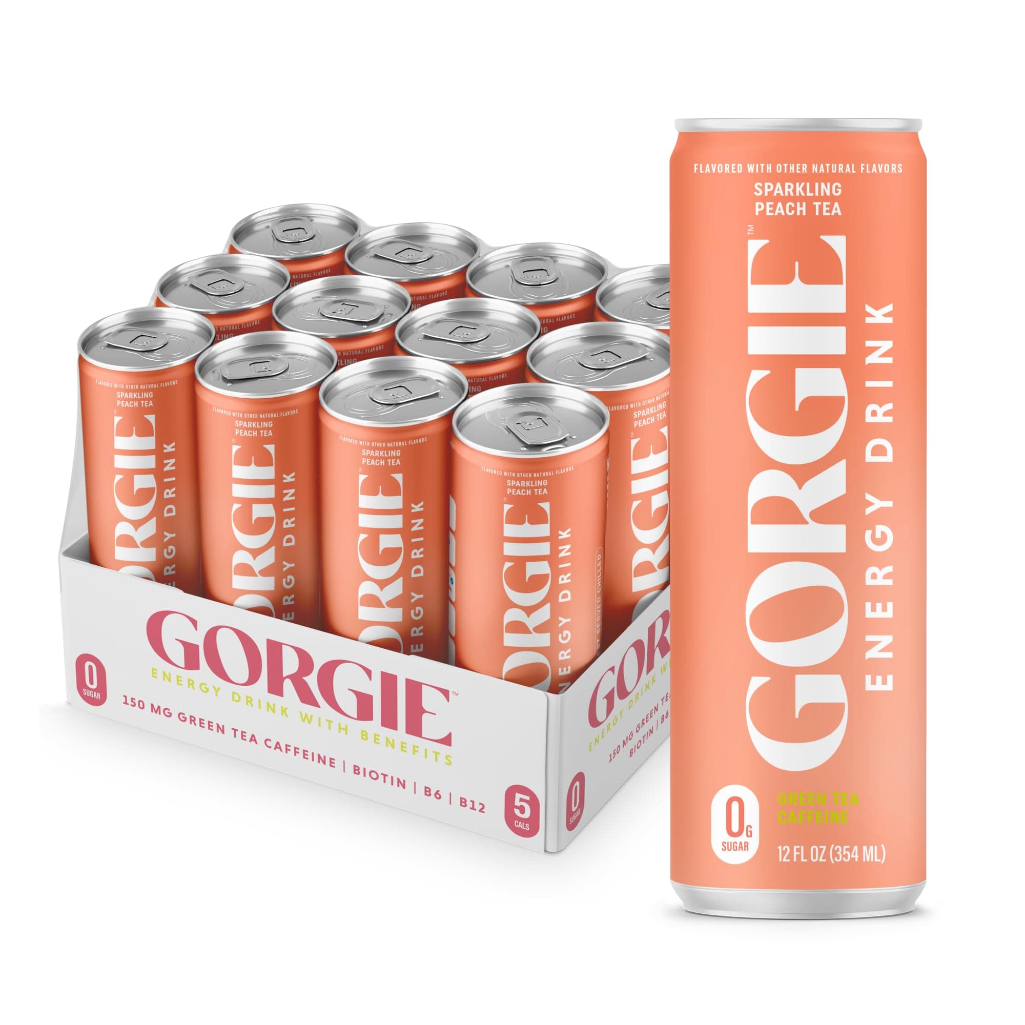 GORGIE Sugar Free Natural Energy Drinks, Peach (12 Pack) - Healthy Energy Drinks - Natural Coffee Replacement with Green Tea Caffeine and Biotin - 150mg Caffeine, Vegan, & Low Calorie