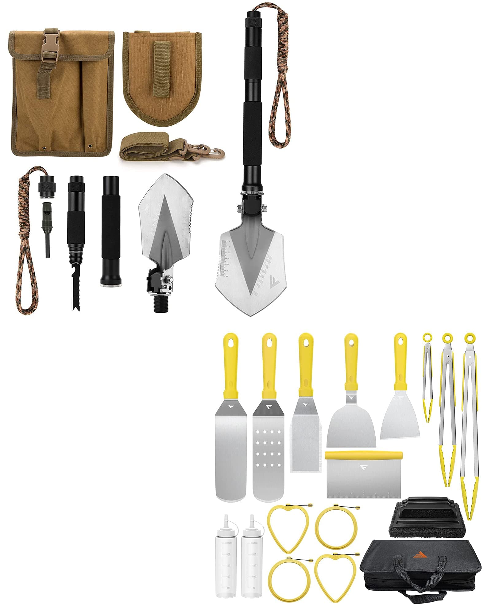 FiveJoy Military Folding Shovel Multitool (C1) +Griddle Accessories Kit for Camp Chef BBQ Tools, 17 PCS