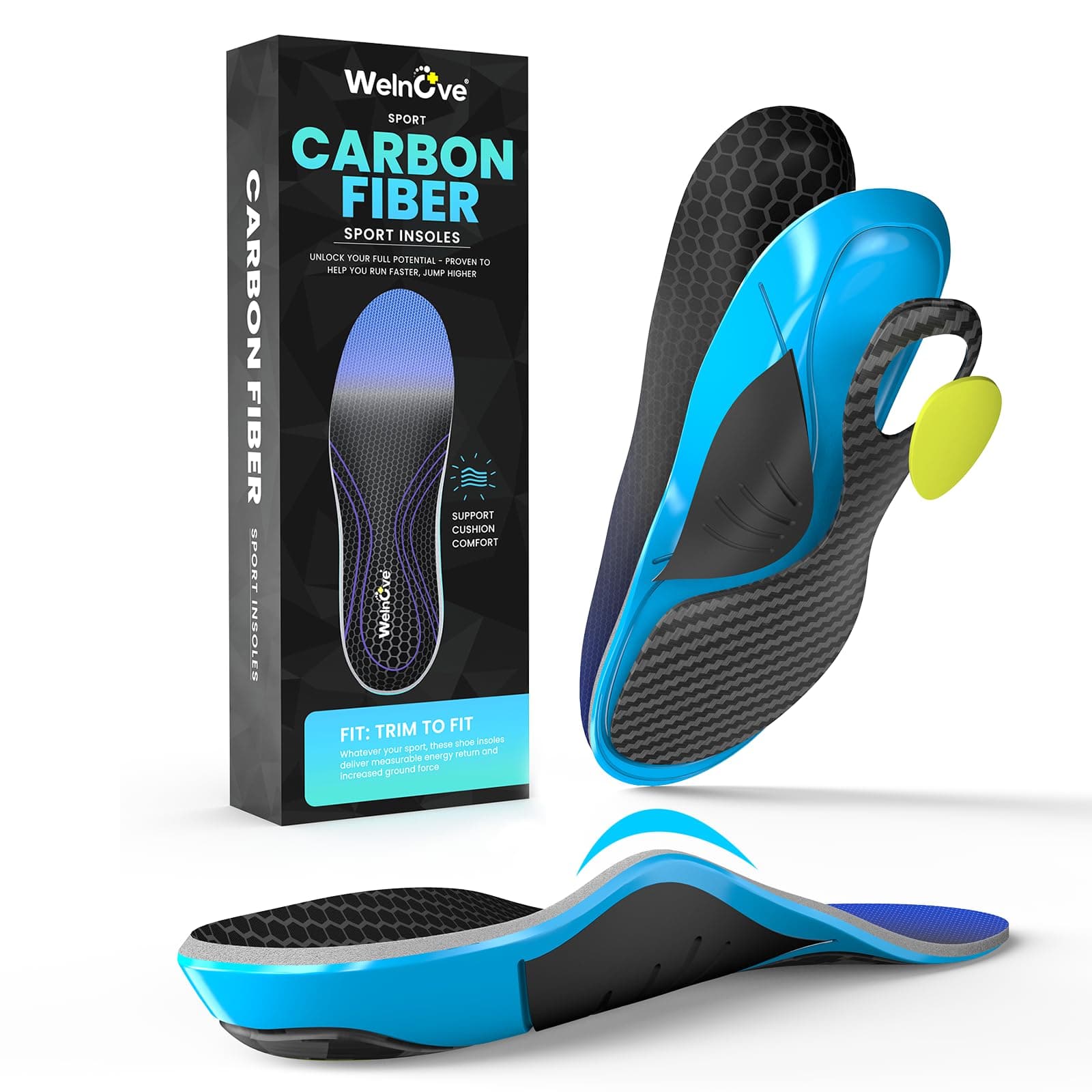 WelnoveCarbon Fiber Sports Insoles with Arch Support | Jump Higer & Run Faster Stabilize Better Athletic Insoles for Running, Basketball | Shock Absorption & Energy Return,NOT for Cleats-2XL