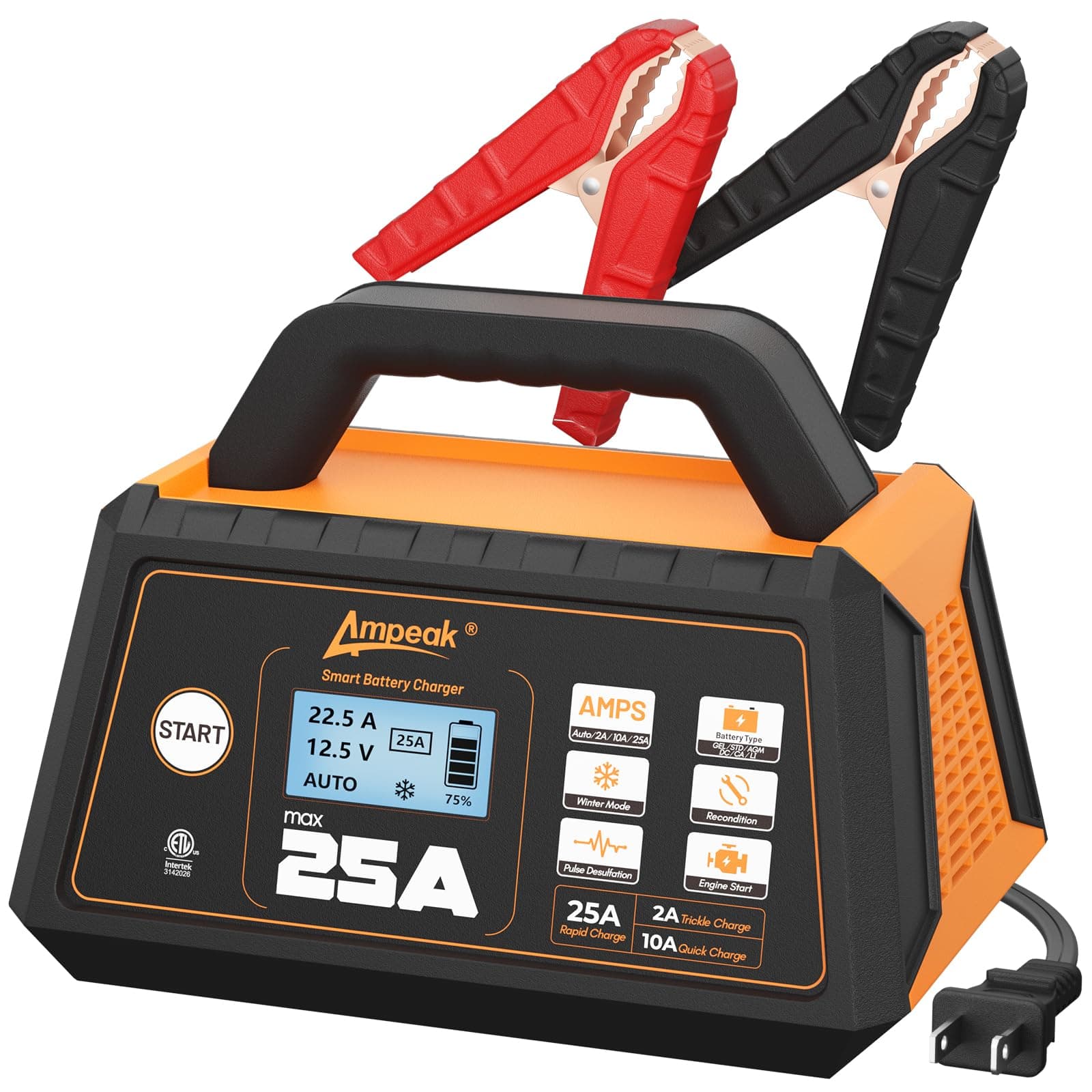 Ampeak 25A 12V Battery Charger and Trickle Charger, 2A/10A/25A Automatic Battery Maintainer with Winter Mode & Auto Desulfator for Car, Truck, Lead-Acid, LiFePO4 Batteries