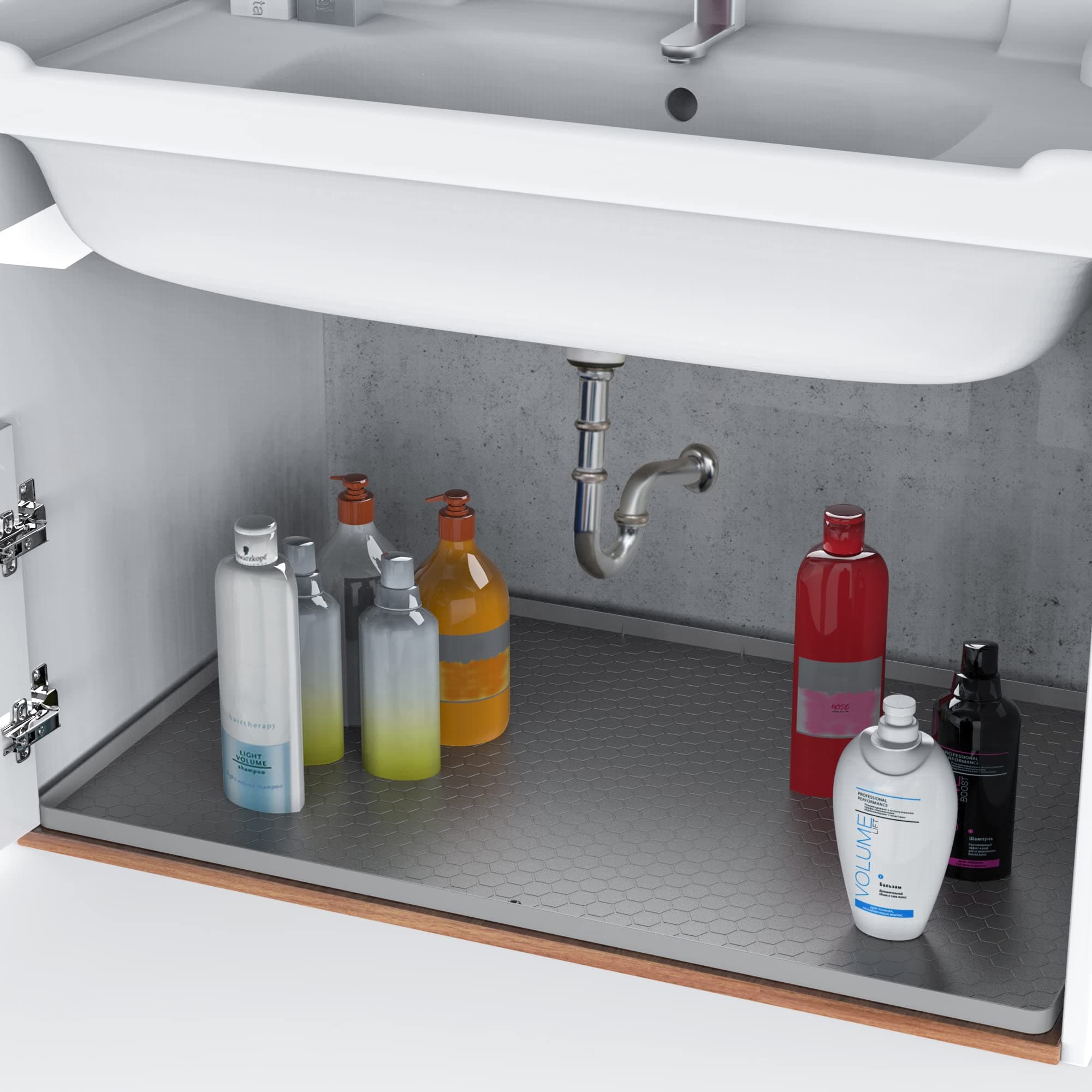 Under Sink Mat - 34"x22" | Waterproof Kitchen and Bathroom Silicone Cabinet Tray | Protector for Drips Leaks Spills Tray (Grey)