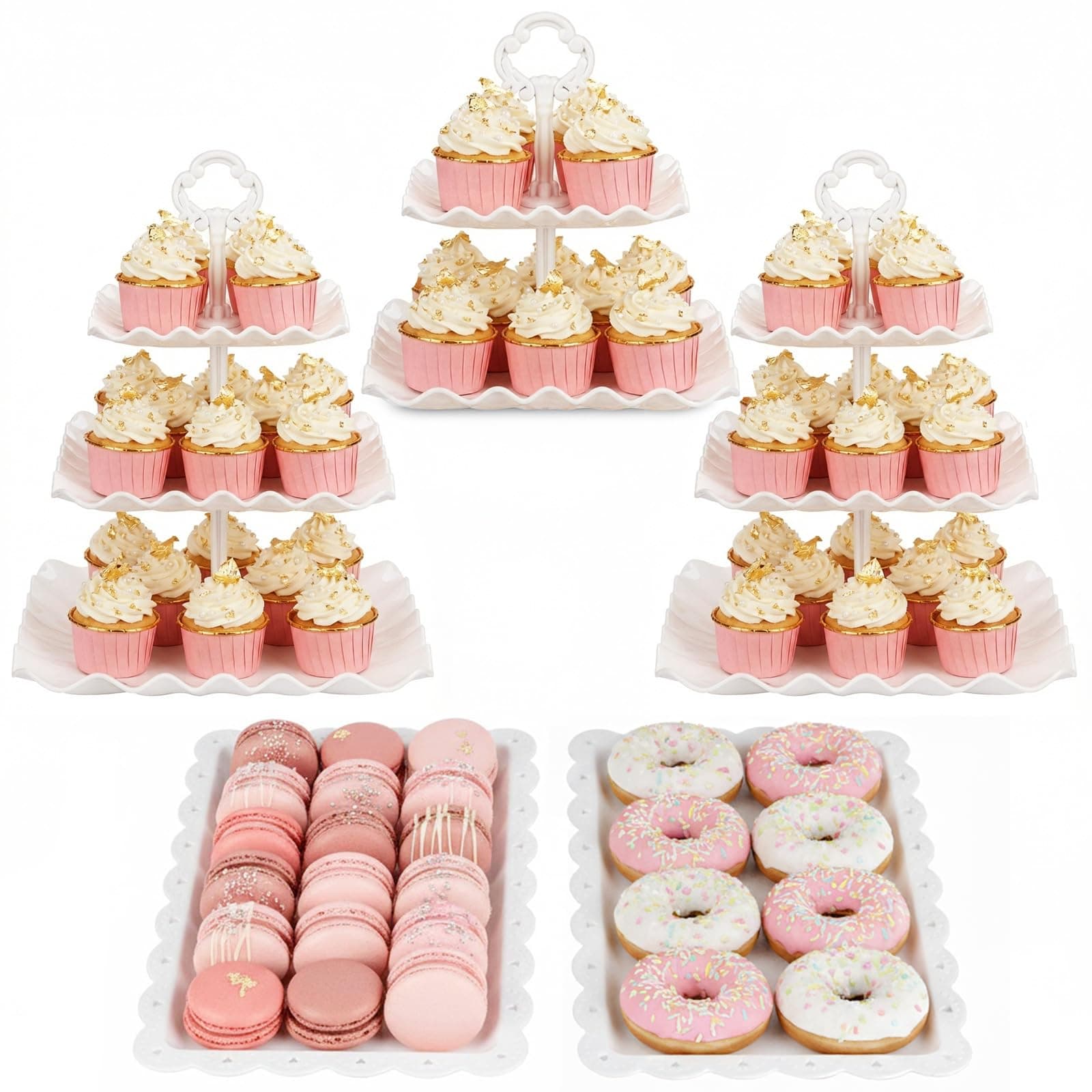 NWK 5 Piece Cake Stand Set with 2 x 3-Tier Cupcake Stands, 1 x2-Tier Cupcake Stands, 2 x Appetizer Trays, for Wedding Birthday Baby Shower Tea Party Decorations(White)
