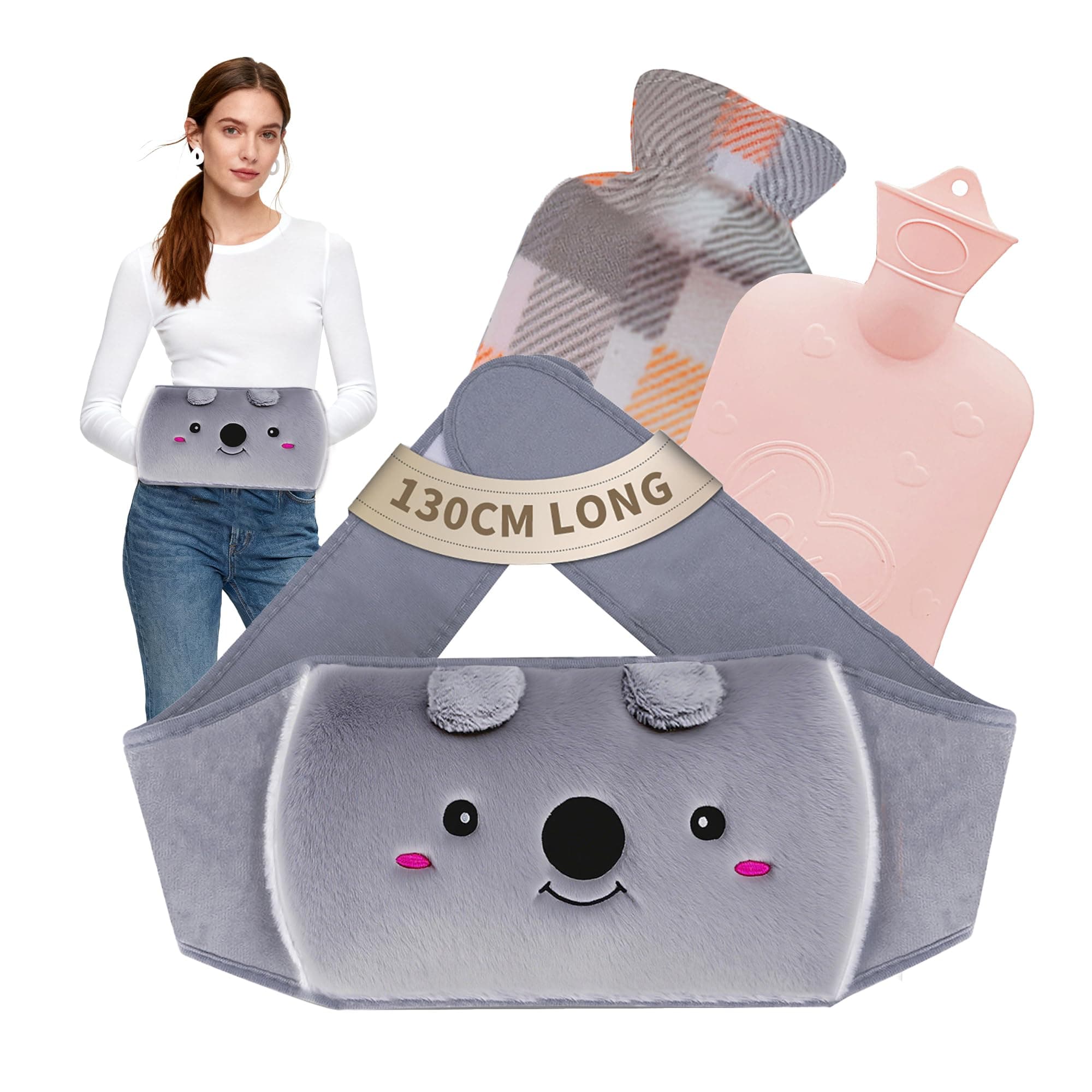 Dibikou Hot Water Bottle Belt, 1L wrap Around Wearable 3 in 1 Hot Water Bag with 130 cm Long Soft Waist Cover, PVC Koala Hot Water Bottle Strap for Neck, Shoulder, Back, Legs Warm and Period Relief