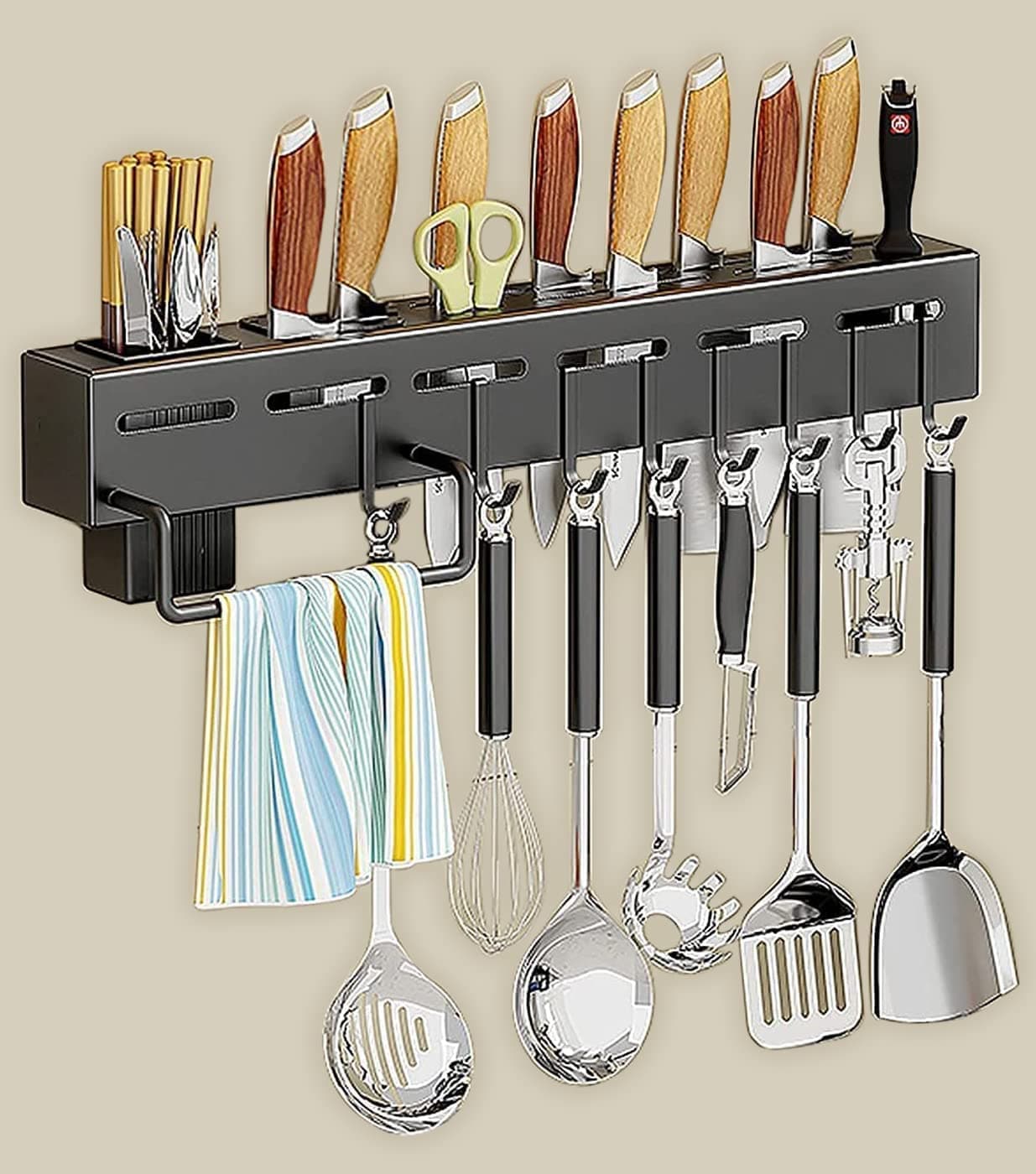 Deejay Kitchen Shelf Wall Mount Knife Holder,Towel Hanger, Spatula Ladle Hanging Hooks, Cutlery Holder Storage Rack High Grade Metal Multi-Purpose (44 x 4.5 x 8cm)