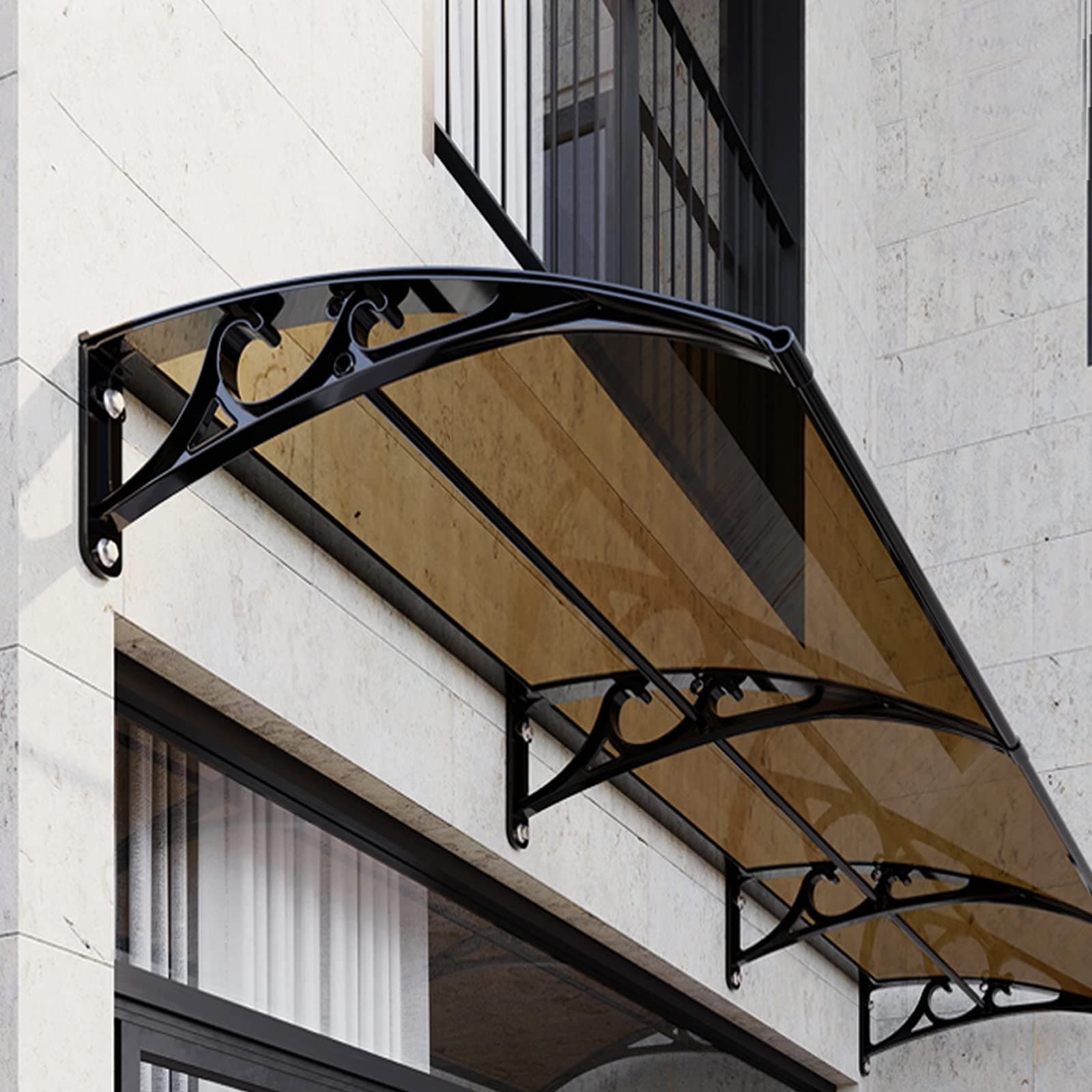 Front Door Canopy Outdoor Awning,Garden Canopy Soundproofing Door Awning Rain Shelter Cover,Porch Awning Roofing Sheets,Brown Canopy/Black Bracket,Uv Rain Snow Protection (60x120cm/24"x47")