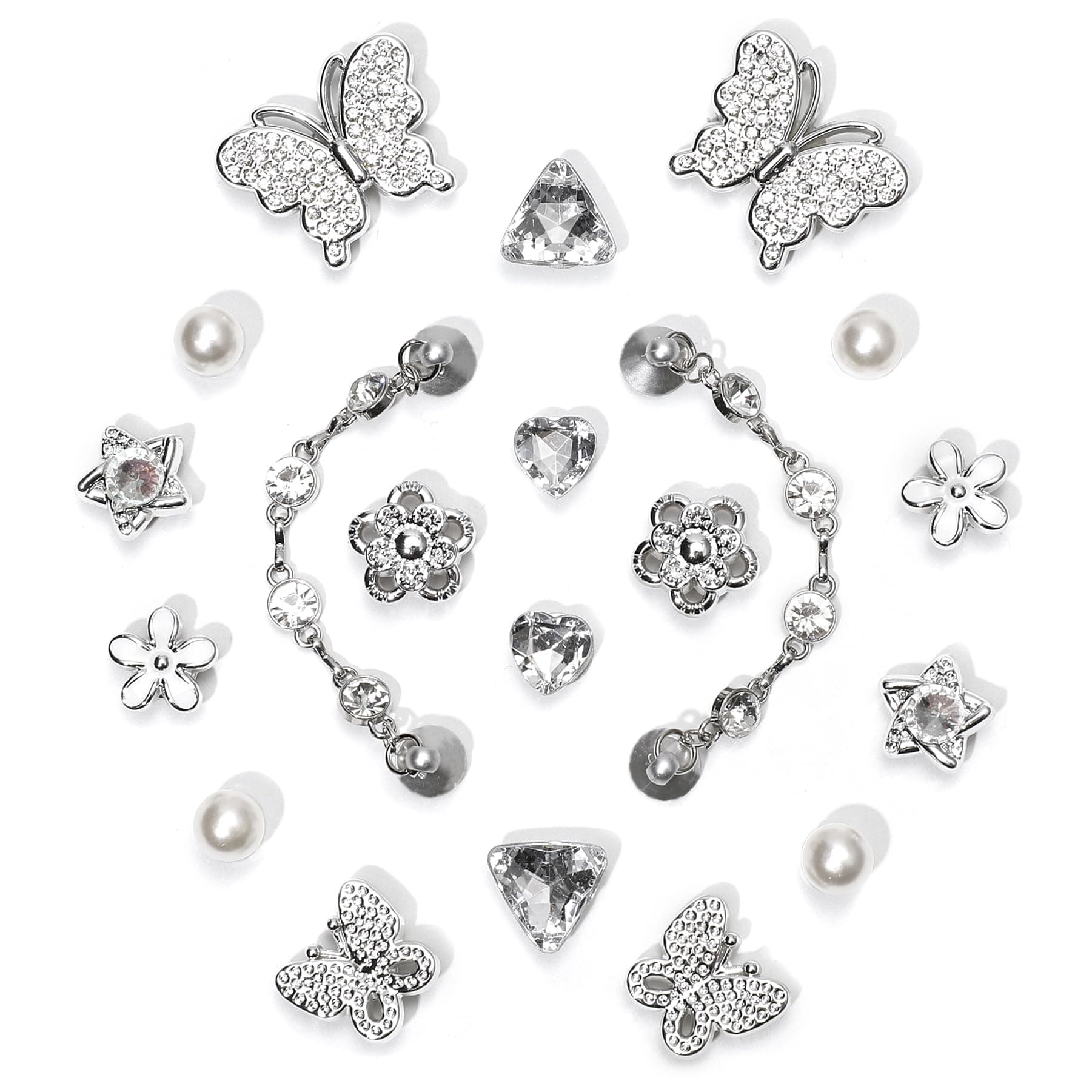 20Pcs Bling Shoe Charms for Women, Gems Shoe Charms, Plastic Butterfly Flower Charms, Sparkling Rhinestones Shoe Chains, Pearl Accessories for Girls, DIY Shoe Decoration Charms for Party Favor
